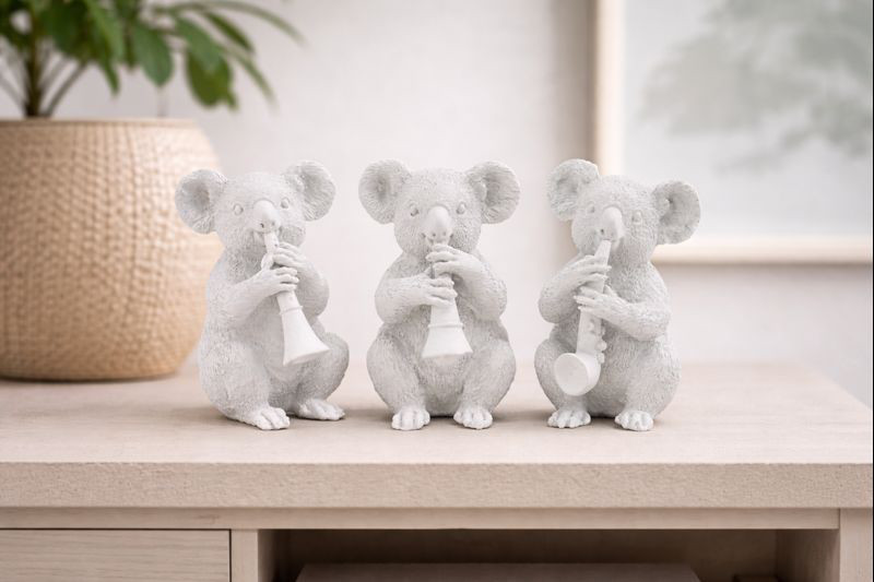 Set of 3 Musical Koala Figurines White Australian Koala Ornament Musician Decor