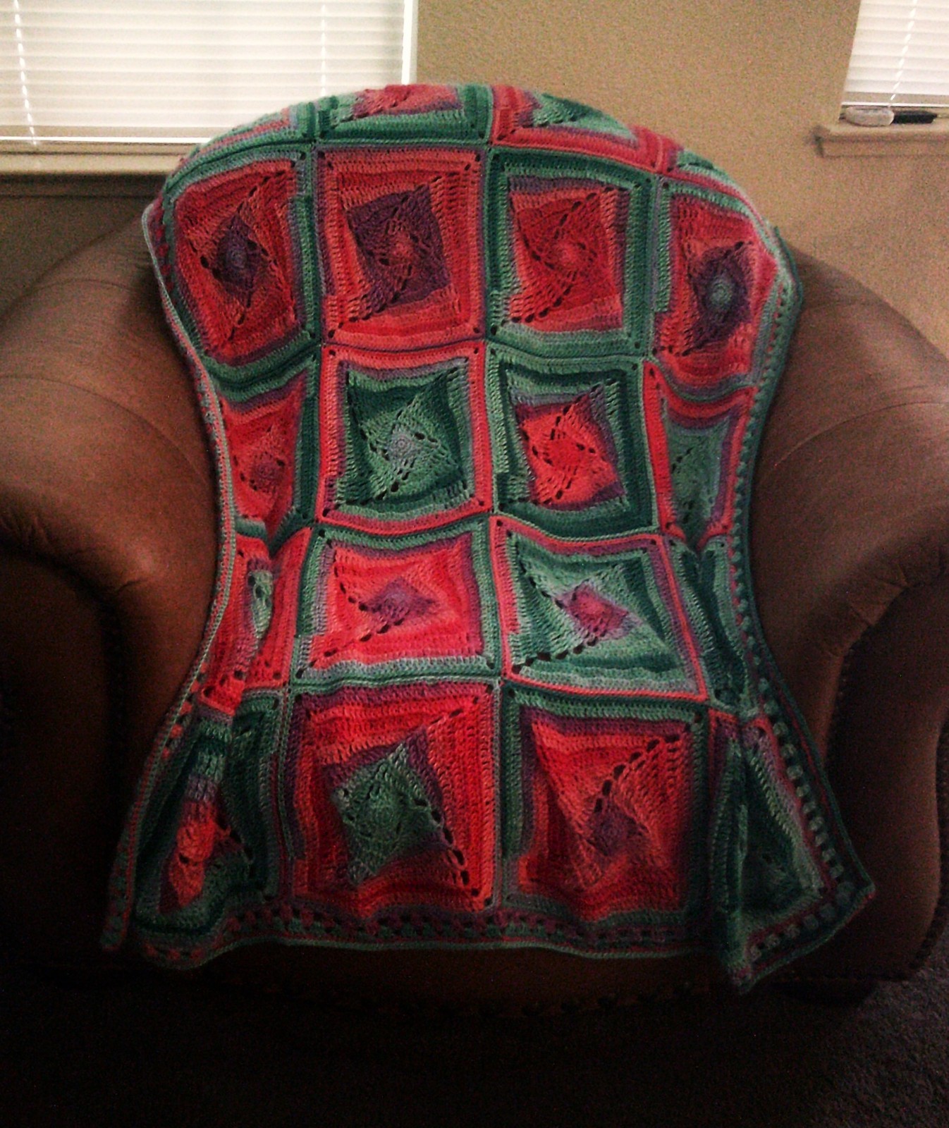 NEW HAND CROCHET TEAL CORAL PINK MULTI COLOR SQUARES AFGHAN LAP BLANKET THROW