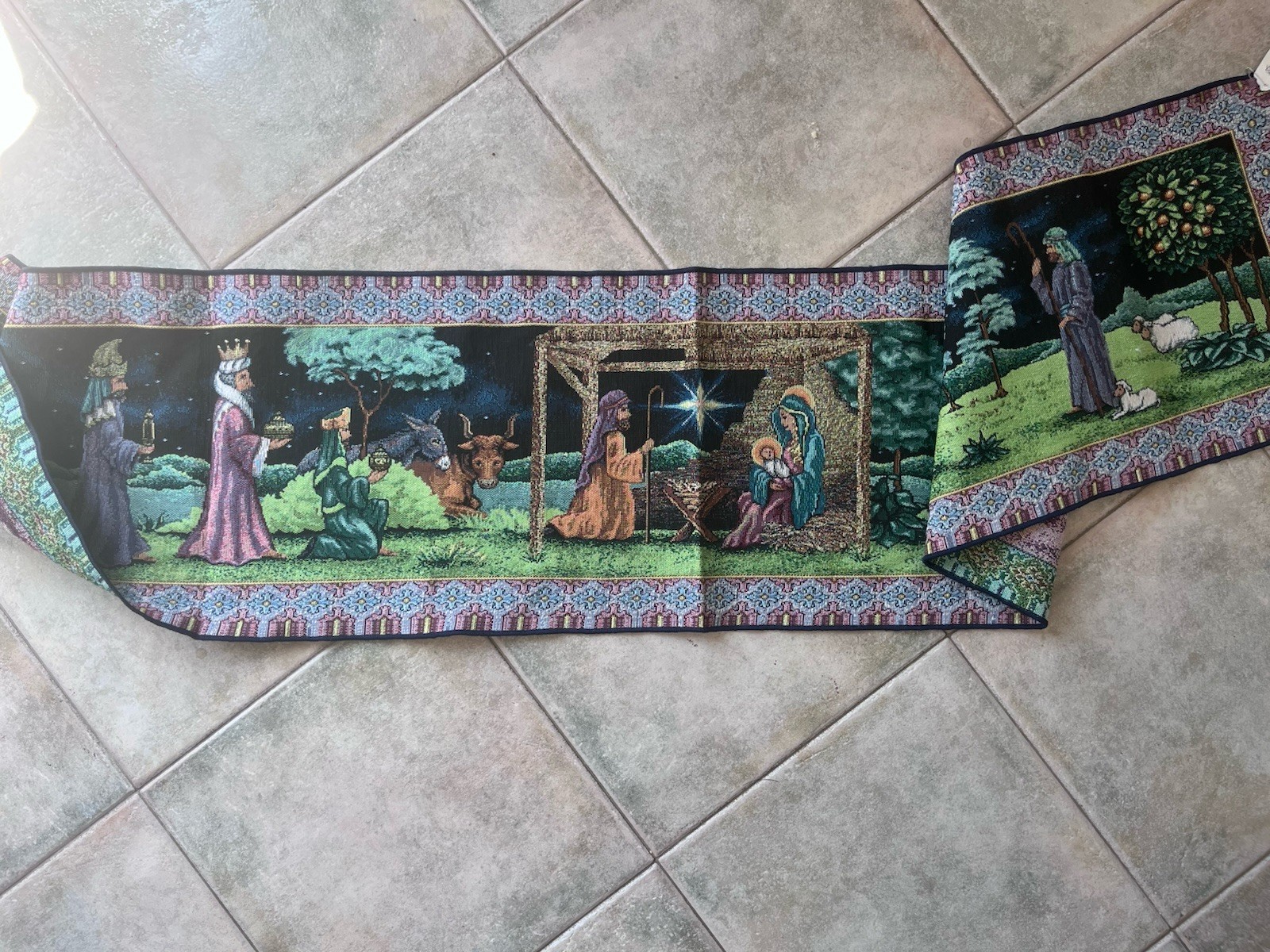VTG Nativity Tapestry Mary Baby Jesus Wisemen Table Runner 13×72”
