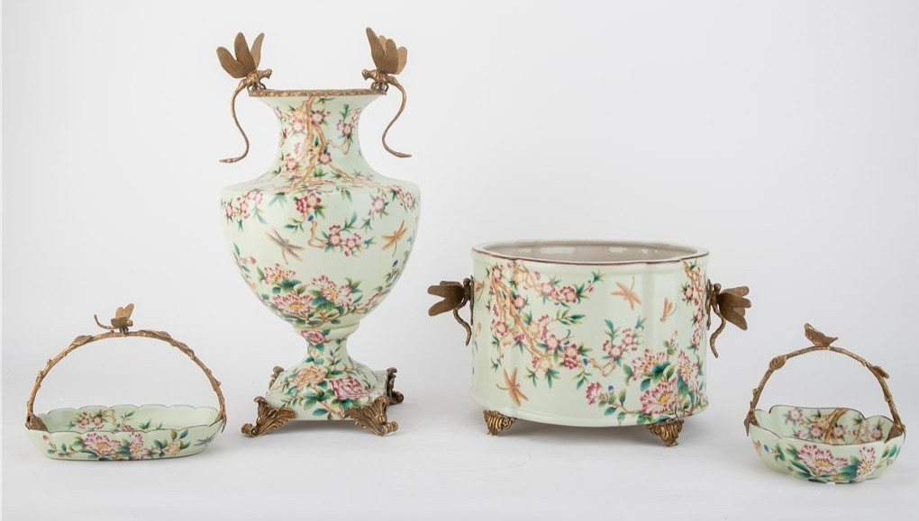 Porcelain Oval Planter with Ormolu Dragonfly Handles-Floral Vine-14 » x 8 »H