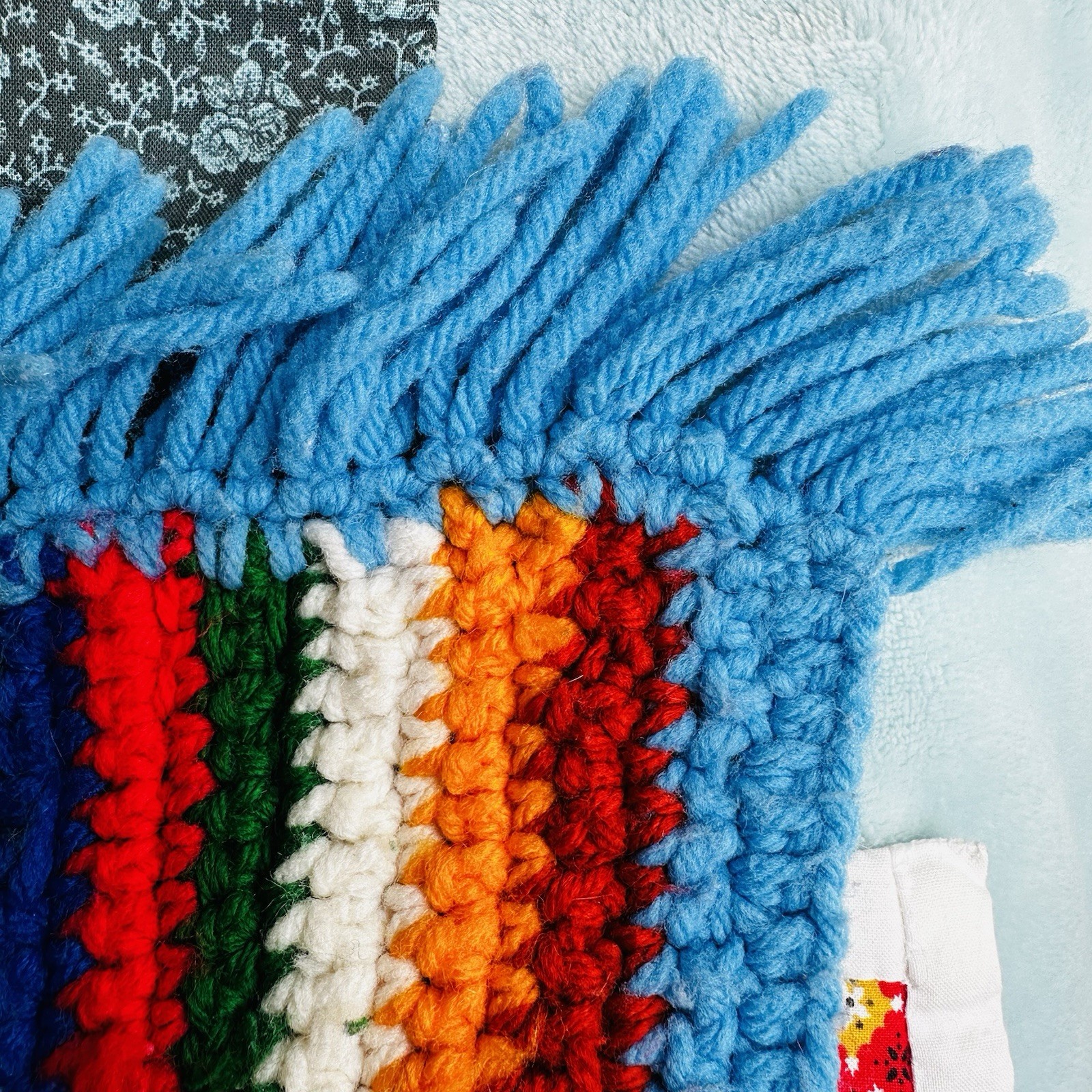 Handmade Crochet Afghan Throw Blanket Multicolor Rainbow Striped Blue Fringe
