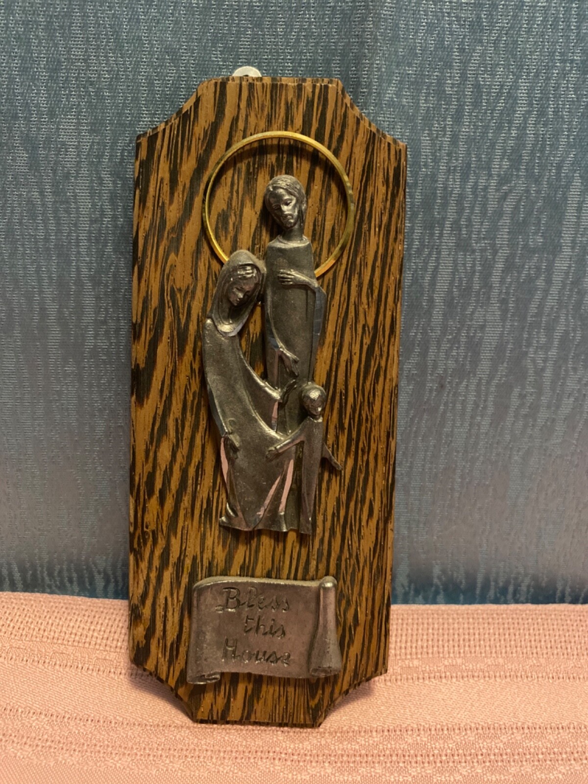 Made in Italy Pewter Holy Family Wood Bless this House Wall Plaque 6.25”