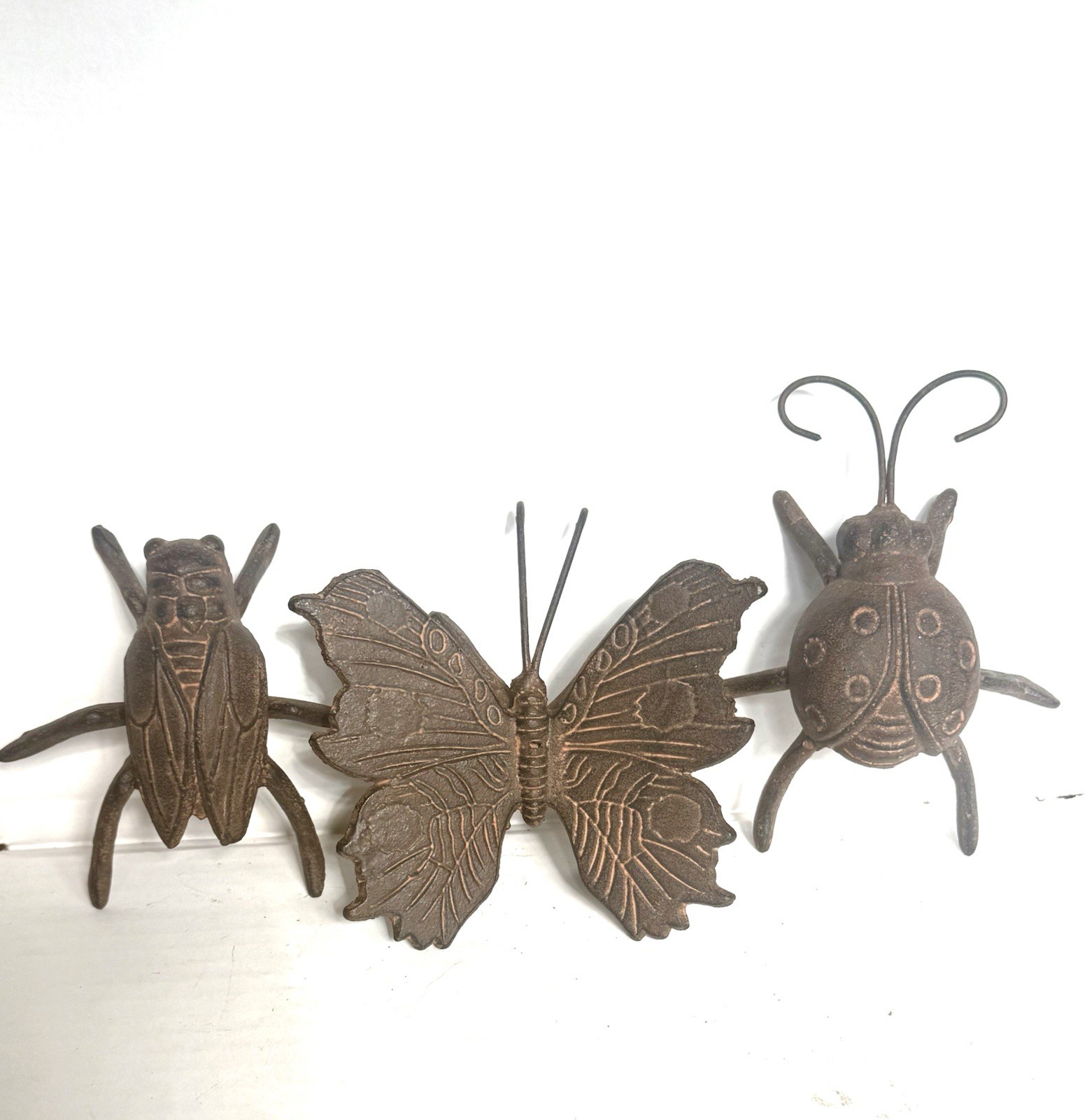 3 Rustic Bronze Insects Caste Iron Metal Bugs Garden Decor Butterfly Ladybug