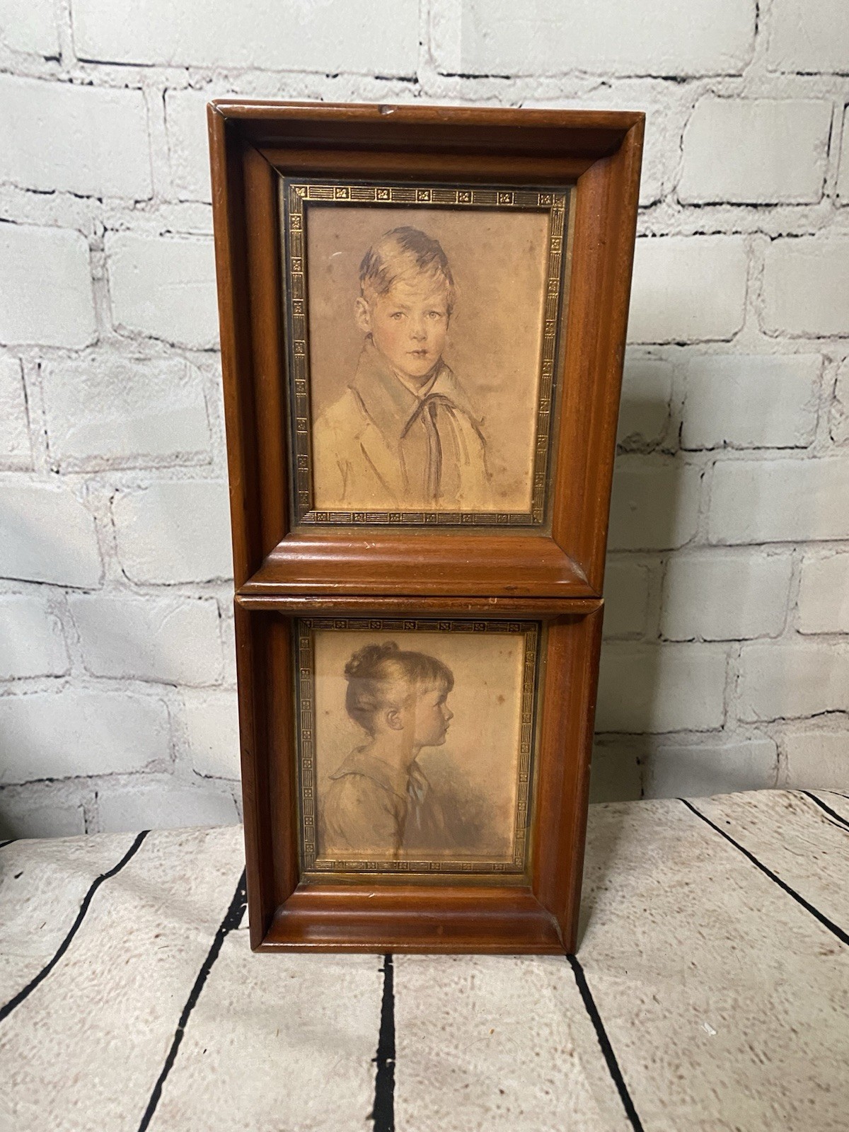 Vintage Portraits Charlotte & Peter In 6-1/2” x 5-1/2” Wooden Maple Frames 1920s