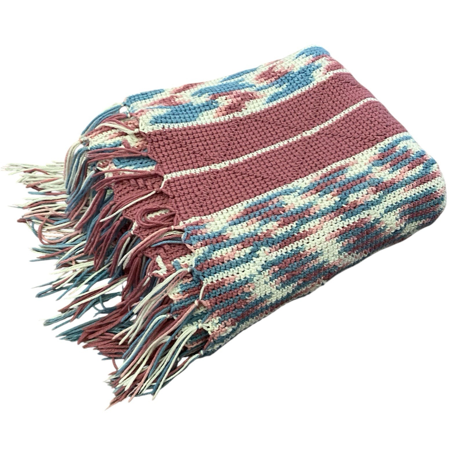 Vintage Handmade Crochet Knitted Sofa Throw Blanket Pink Blue Fringed 66×56