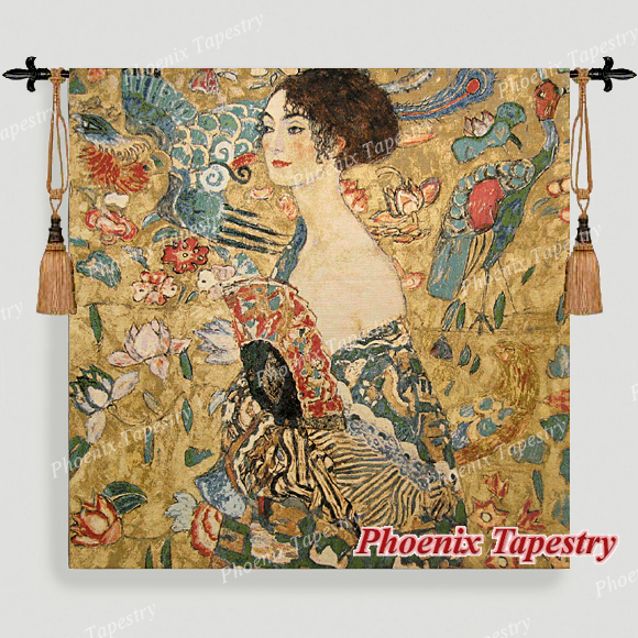 Gustav Klimt Lady with Fan Fine Art Tapestry Wall Hanging, 54&Prime;x54&Prime;, US