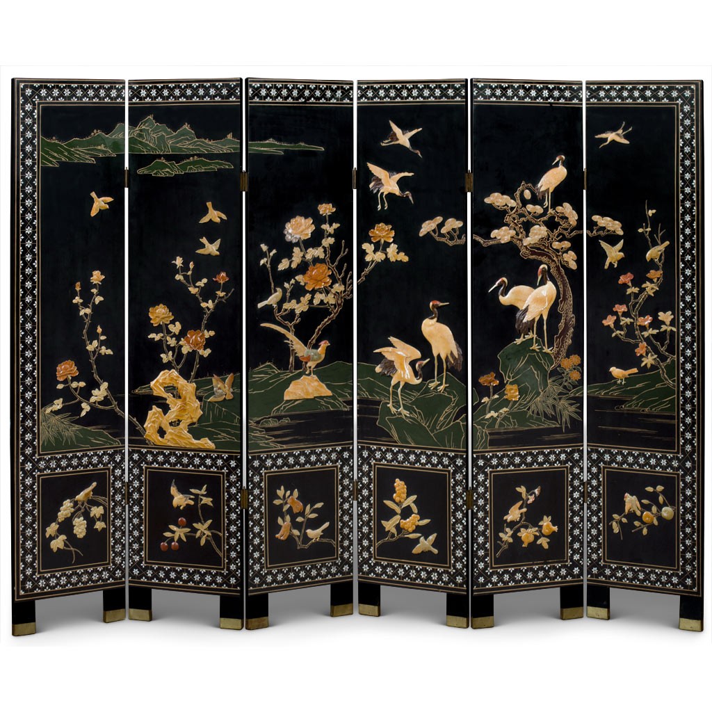 US SELLER- 96in Chinese Bird Flower Soap Stone Black Lacquer 6Panel Floor Screen