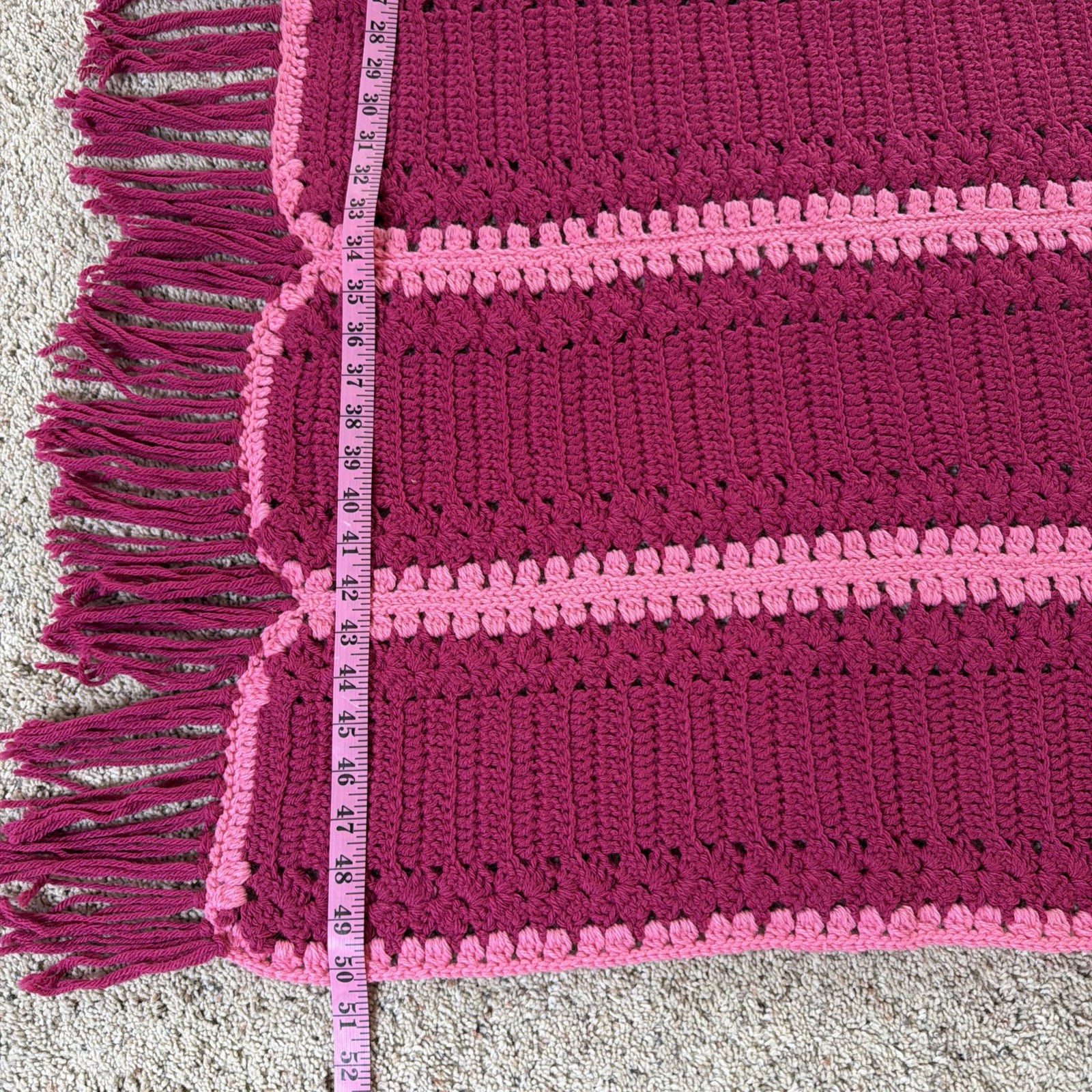 VTG Handmade Afghan Blanket Throw Crochet Granny Maroon Pink Fringe Cottage Core