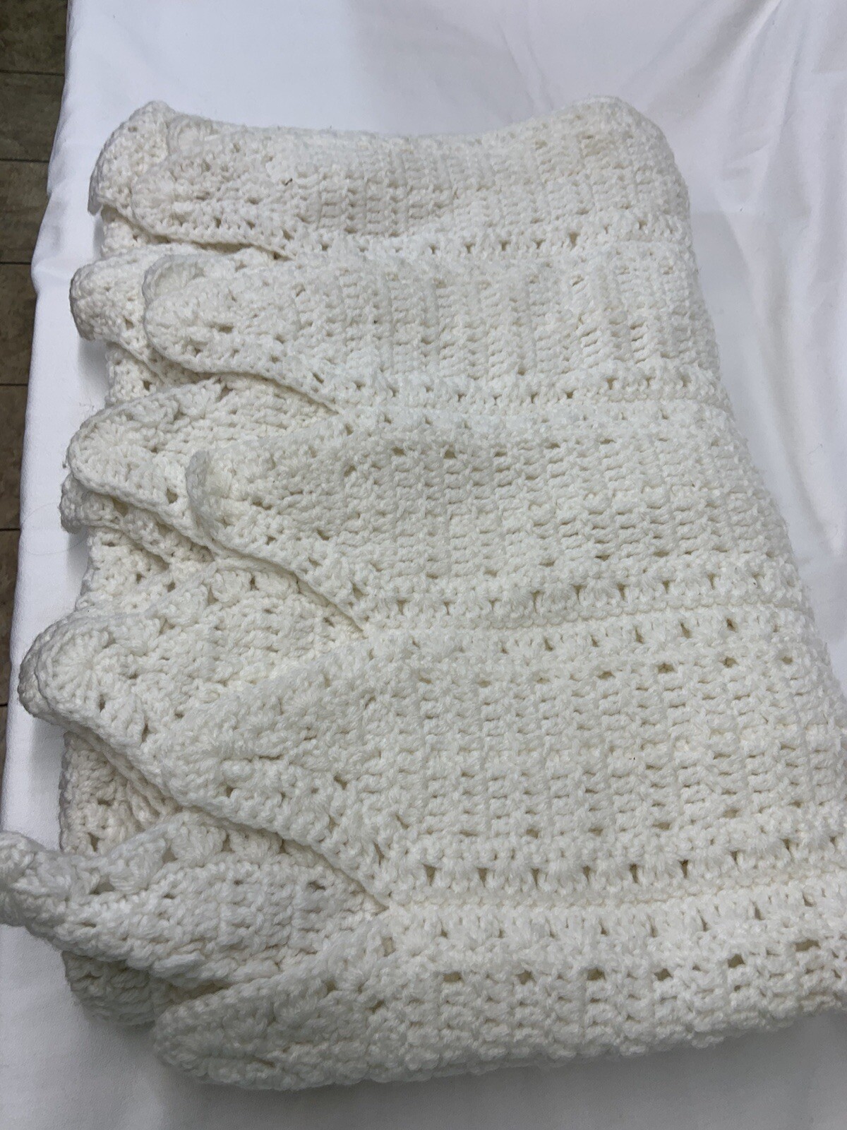 Handmade Knitted White Afghan ,43”X60” With Scallop Hemline, Machine Washable.