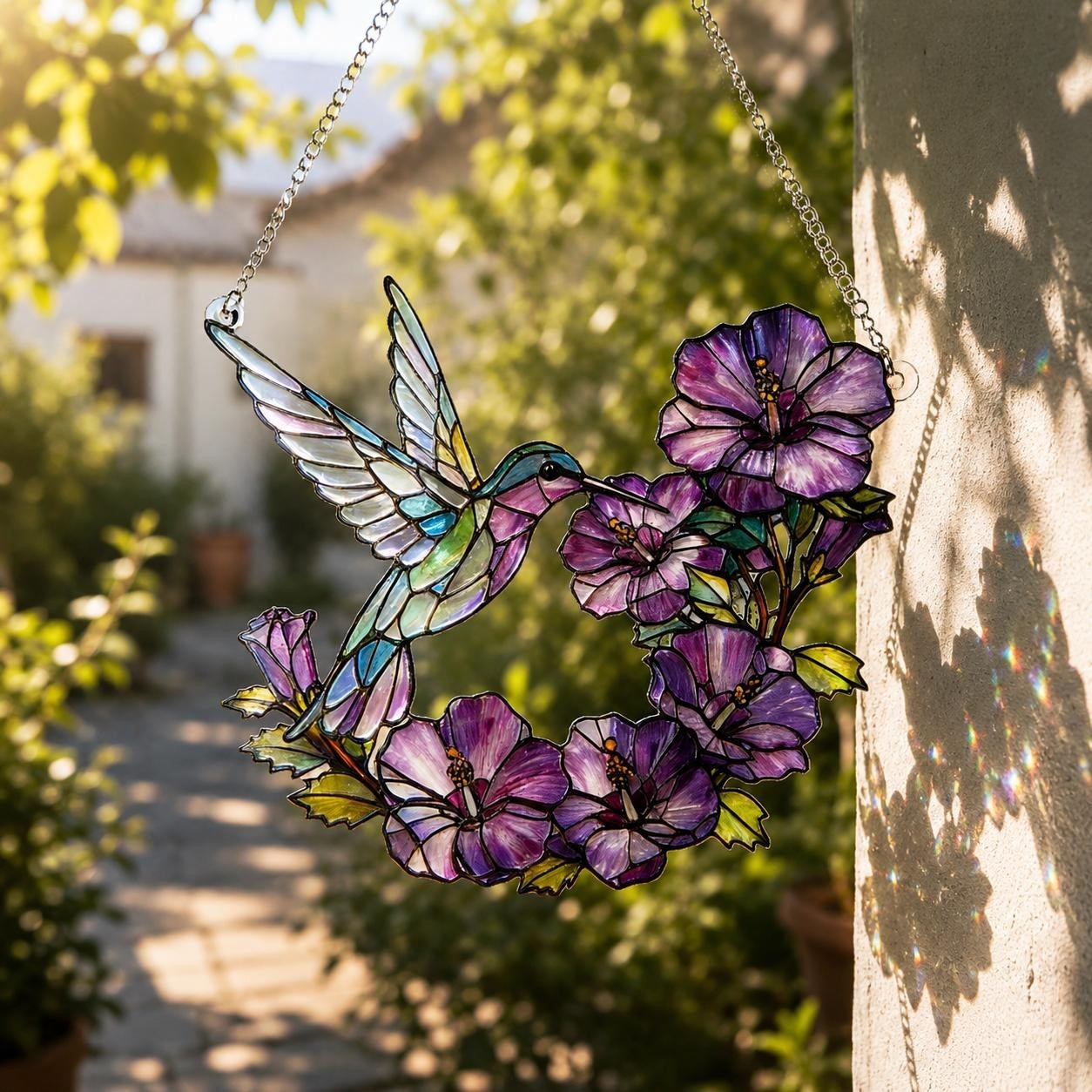 Stained Glass Hummingbird Suncatcher Lavender Flower Window Hanging Botanical