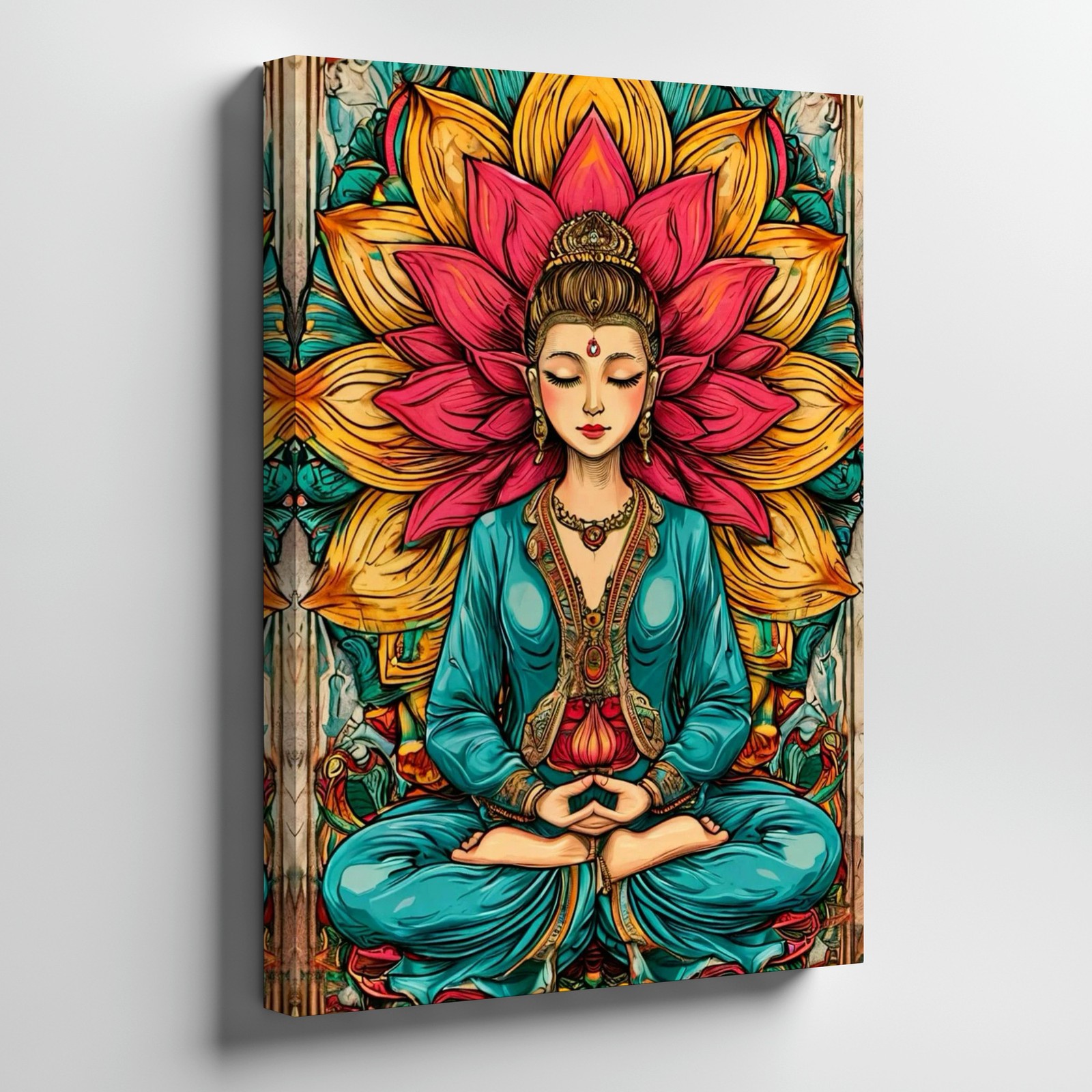 Meditating Woman Lotus Flower Yoga Zen Asian Inspired Colorful Canvas Wall Art