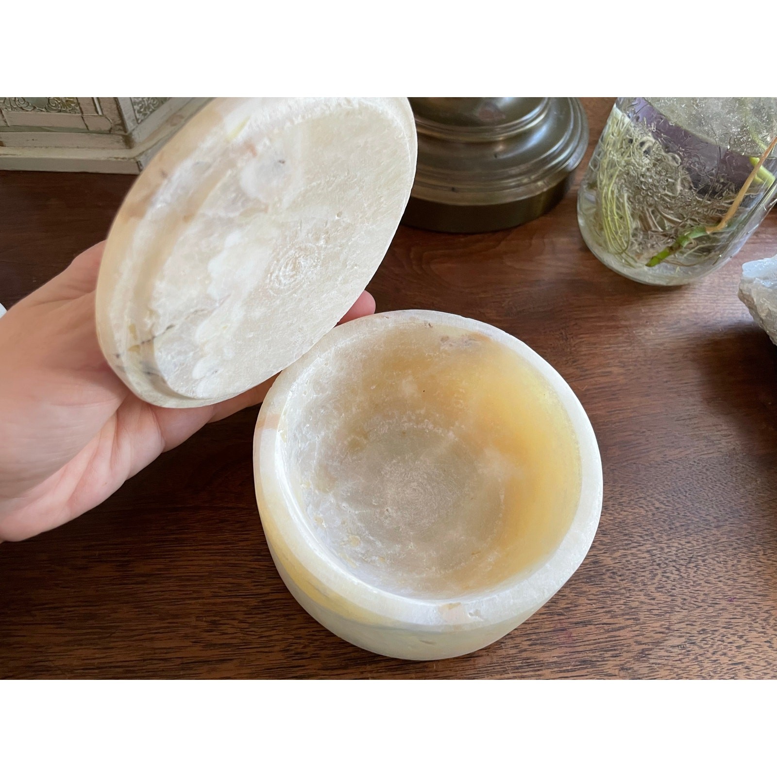 Vintage Egyptian Alabaster Lidded Bowl Hand Carved Stone Trinket Dish 5” Round