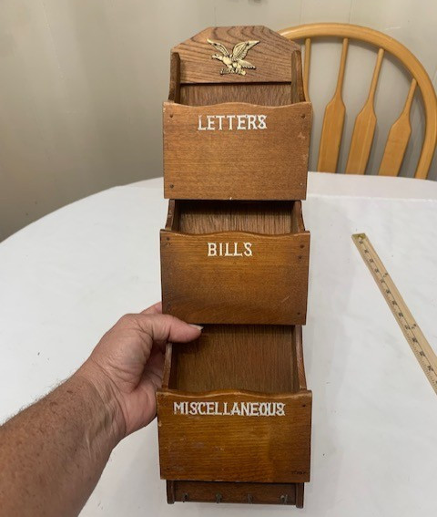 Vtg. Wood 3 Slot Wall Mail Letter Bill Sorter Hanging Rack Organizer