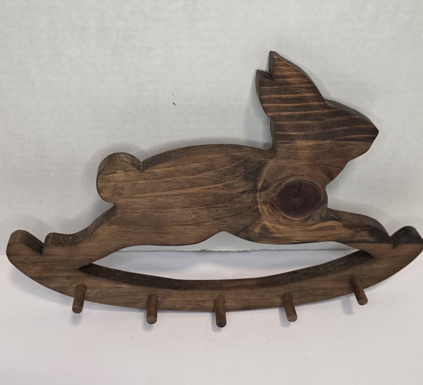 Vintage Wood Rocking Bunny Rabbit Pegged Wall Decor Granny Core Cottage Core