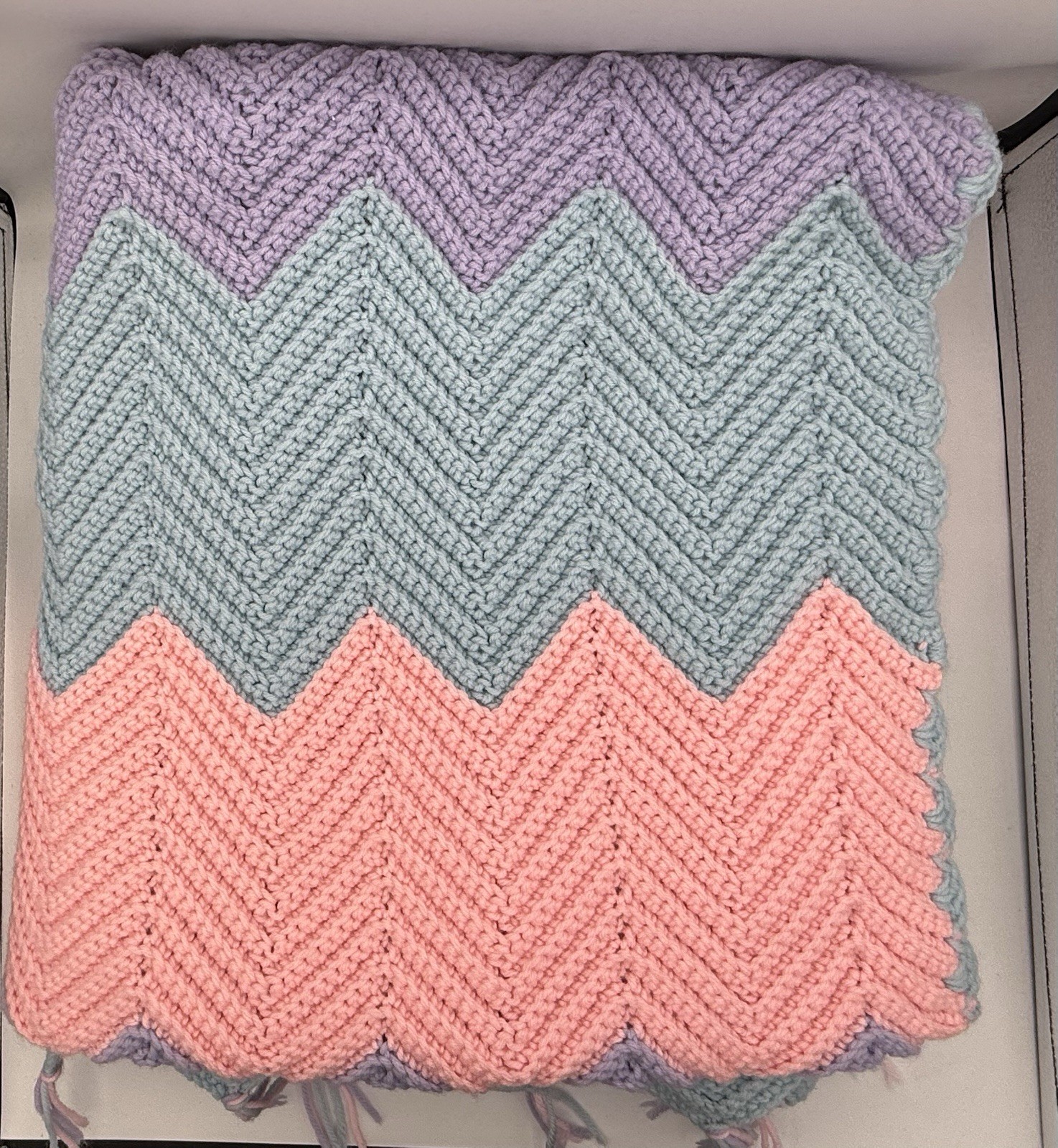 Hand-Crocheted Chevron Afghan – Blue, Pink & Purple Ripple Throw – 49” x 75