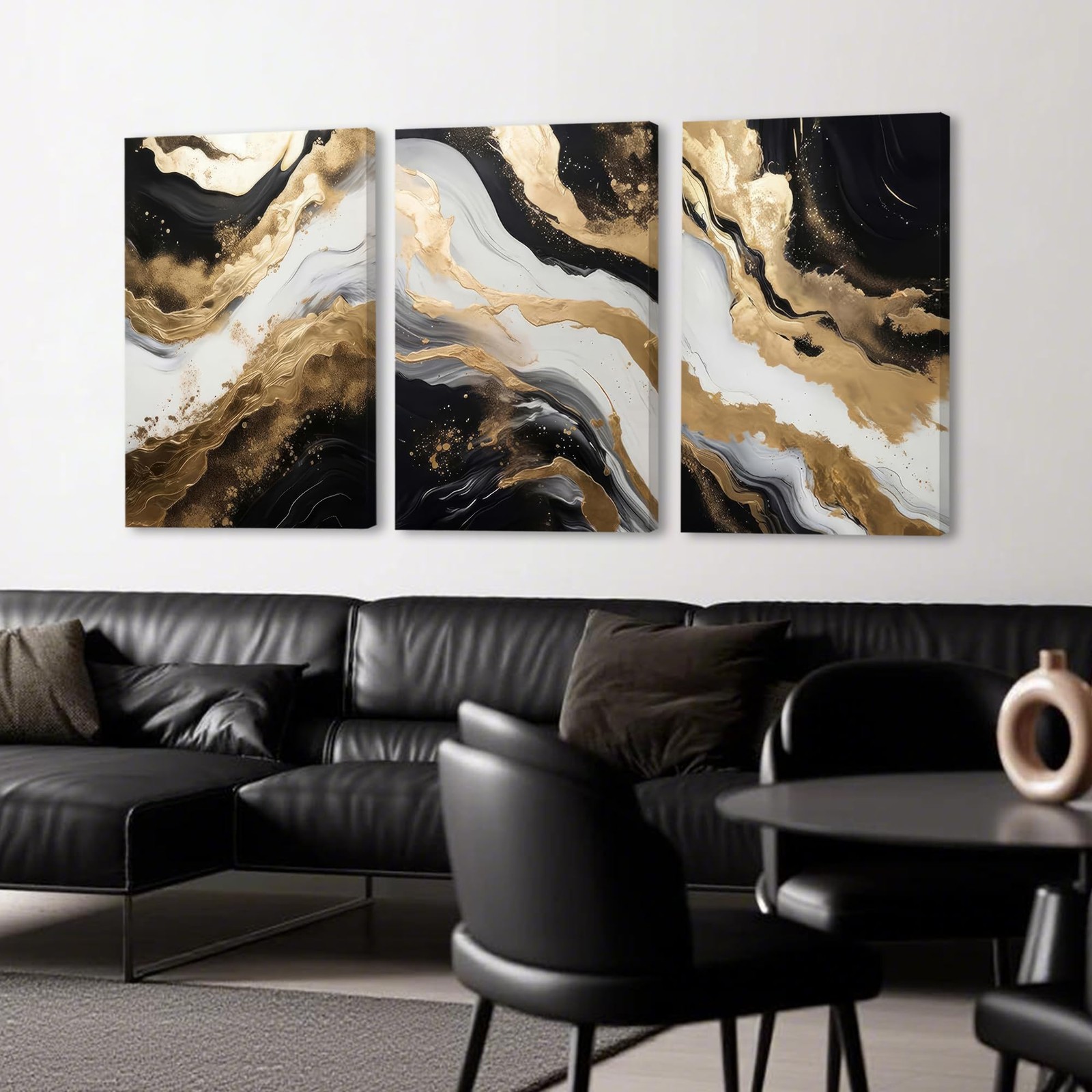 Triptych Black White Gold Wrapped Canvas Wall Art 20×30 inches x3