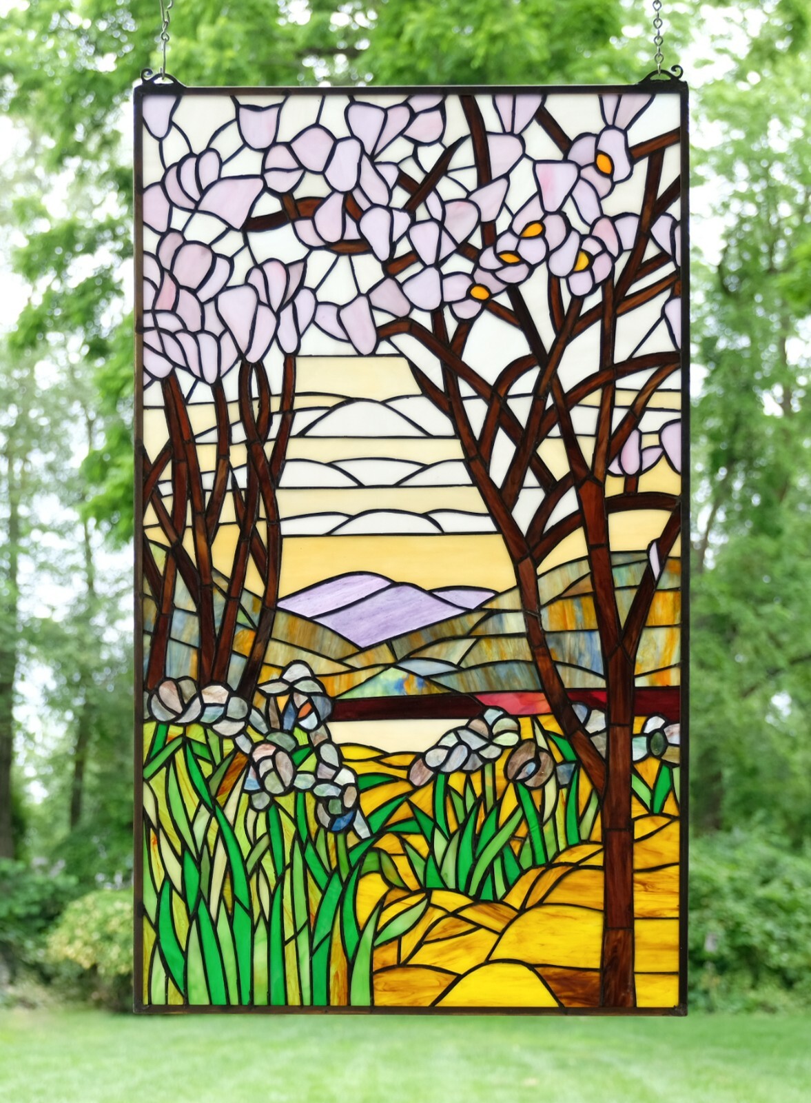 20&Prime; x 33.5&Prime; Tiffany Style stained glass window panel Dawn in Valley. TMM31
