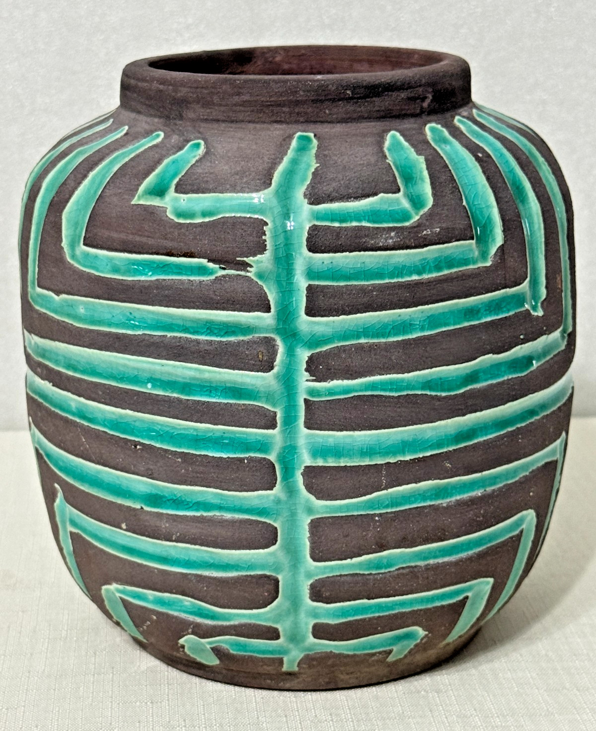 Vintage Studio Pottery Vase Turquoise Glaze Geometric Tribal Brutalist Ceramic