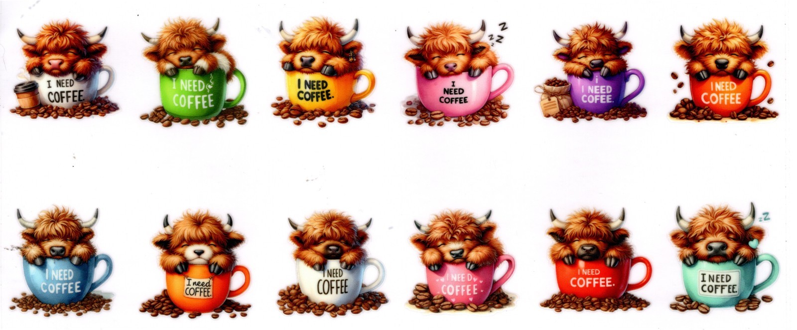 3 Sheets Dogs & Cows in Mugs UV DTF Stickers for Keychains, Coasters, etc – 12