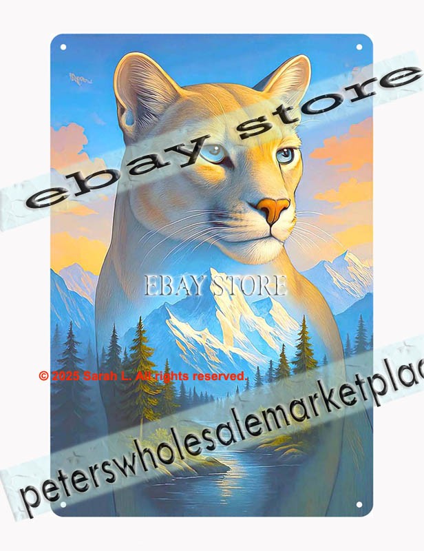 Cougar Portrait Tin Sign Forest Art wildlife landscape decor brew pub garage s