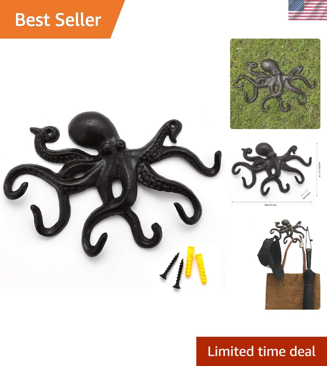 Vintage Octopus Coat Hooks – Heavy Duty Wall Mounted Key Holder with 6 Arms