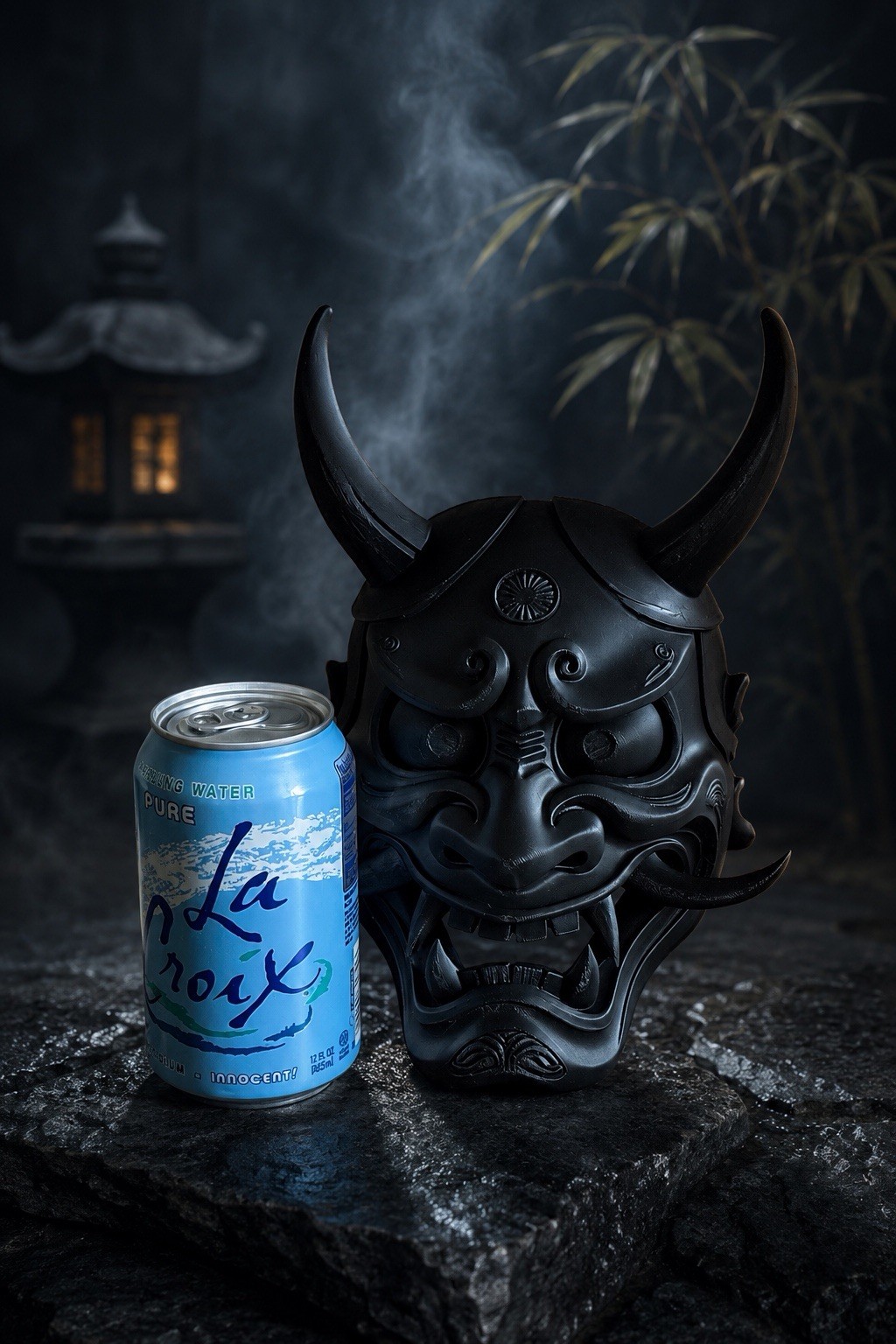Black Japanese Oni Samurai Demon Mask Wall Decor Tattoo Bar Man Cave