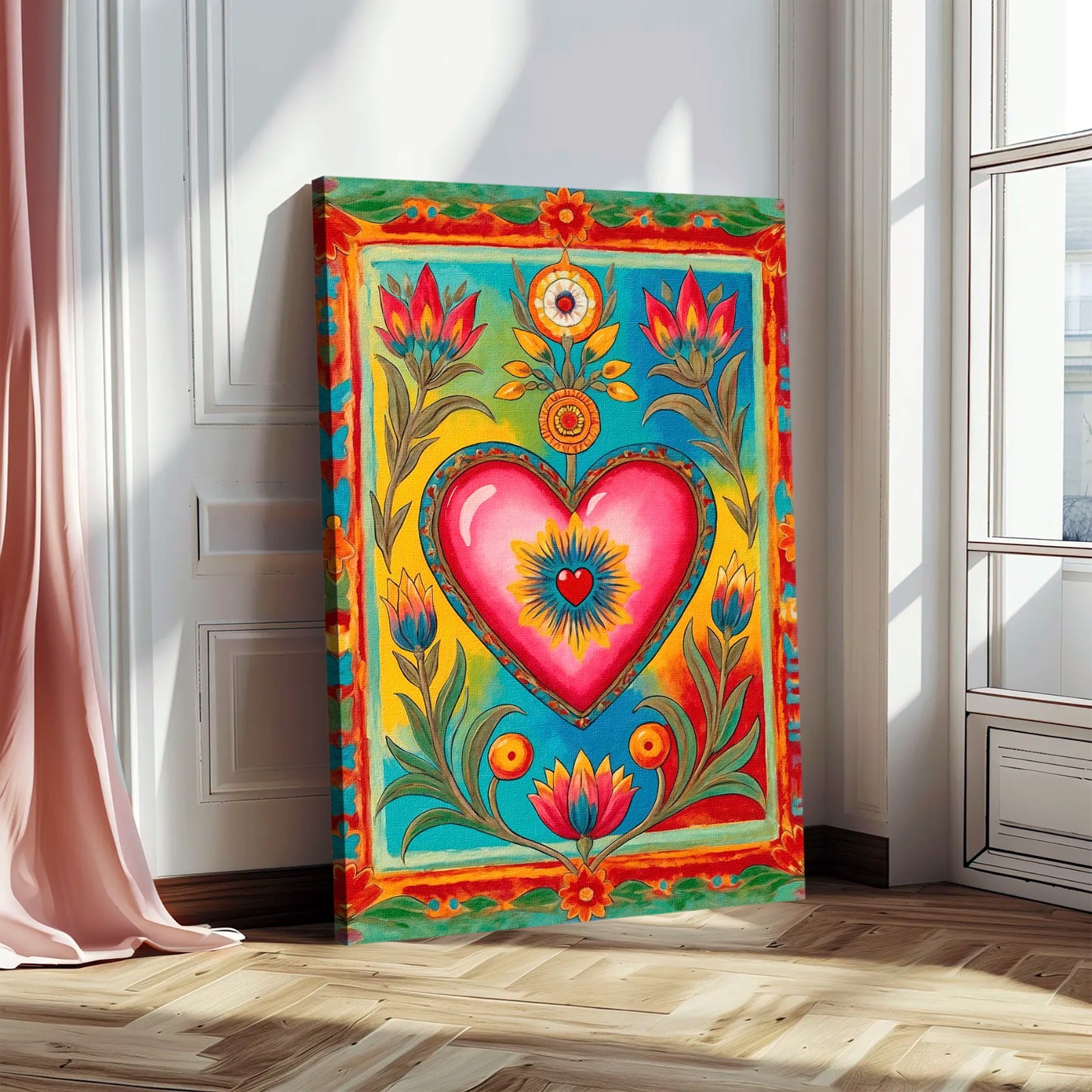 Sacred Heart Mexican Folk Art Canvas Print, Colorful Milagro Style Floral Decor