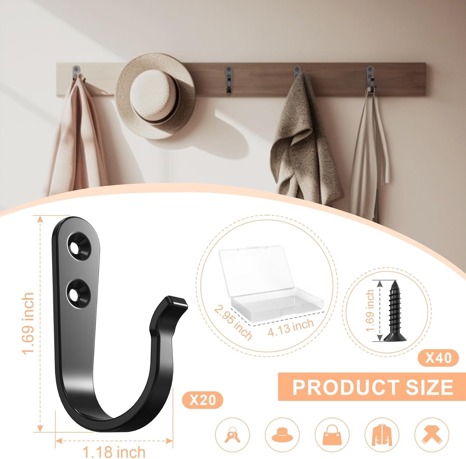 20PCS Heavy Duty Metal Coat Hooks for Wall, Single Prong Hanging Hooks with 40