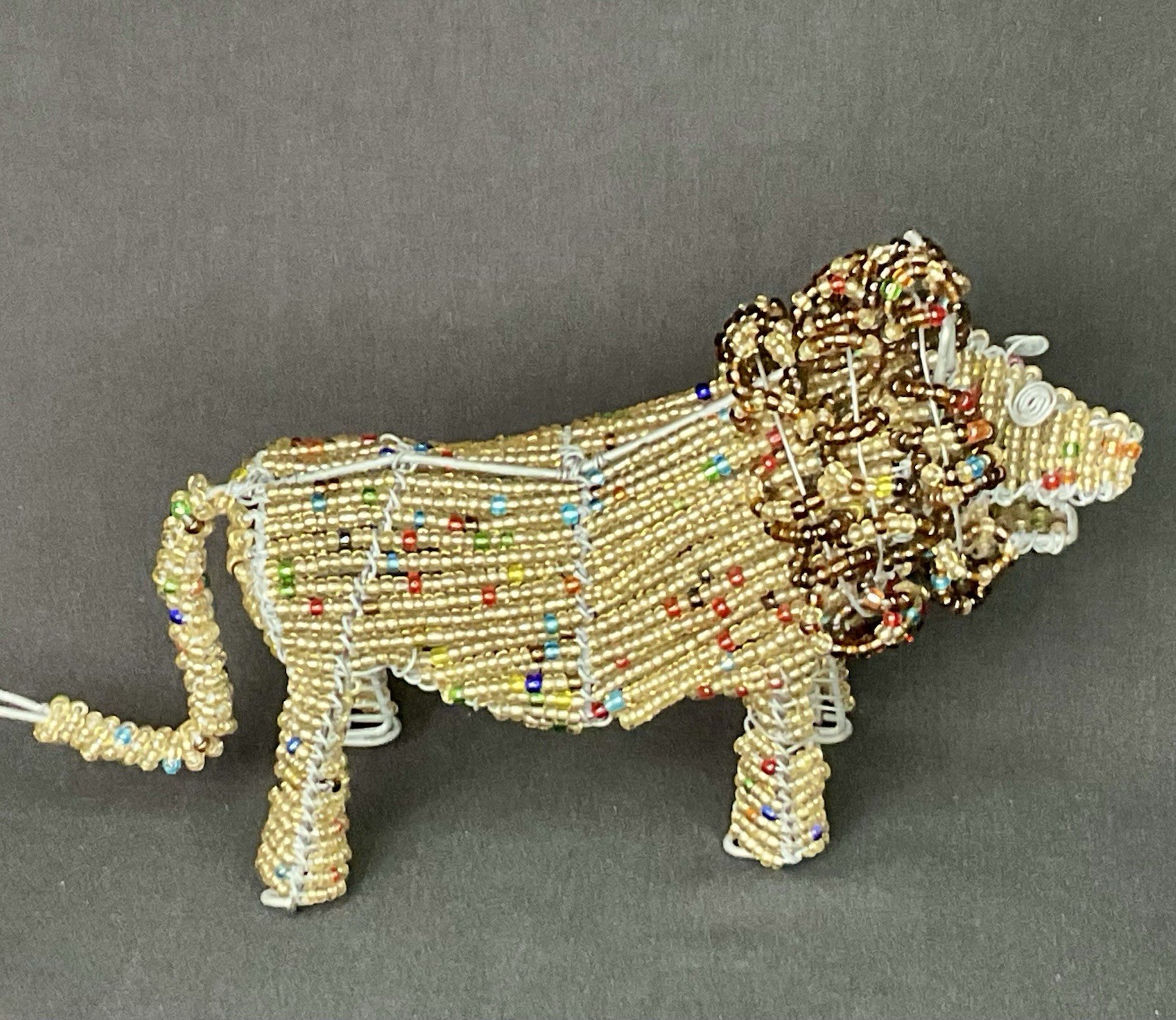 Vintage Glass Bead Lion Sculpture Hand Made Heavy Wired Animal Figurine Colorful