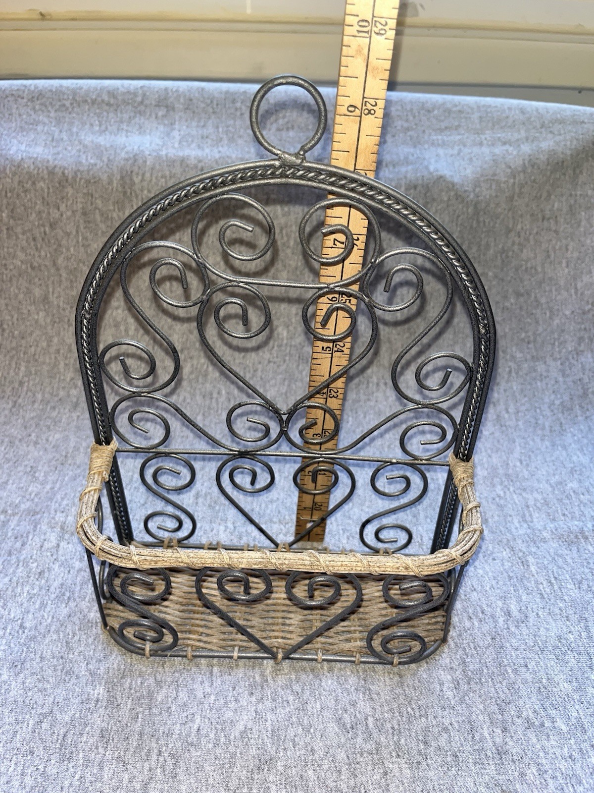 Southern Living at Home Acanthus Wall Basket Metal and Wicker Scroll Decor