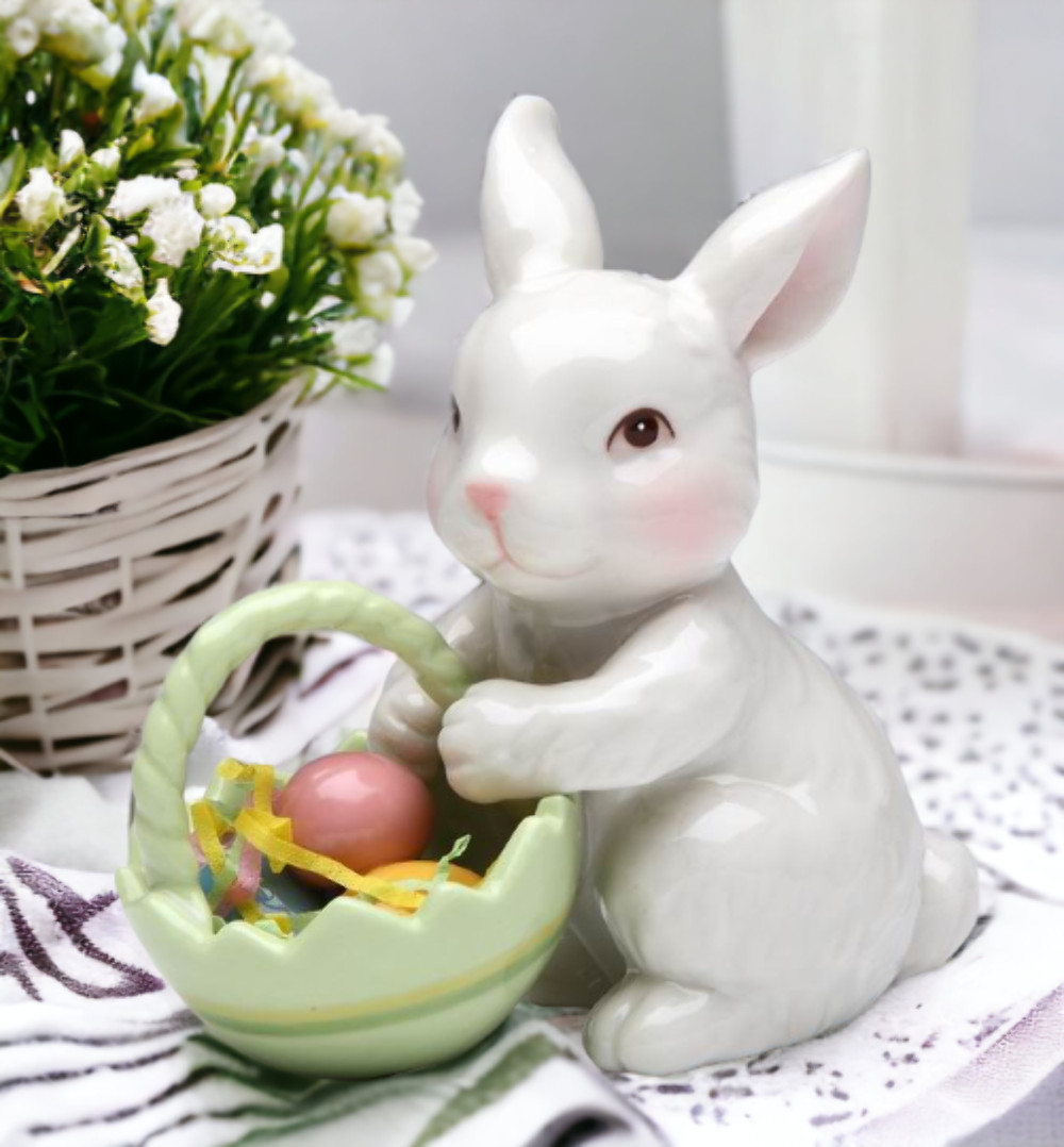 Ceramic Bunny Rabbit With Easter Egg Basket Figurine, Home Décor, Gift for Her,