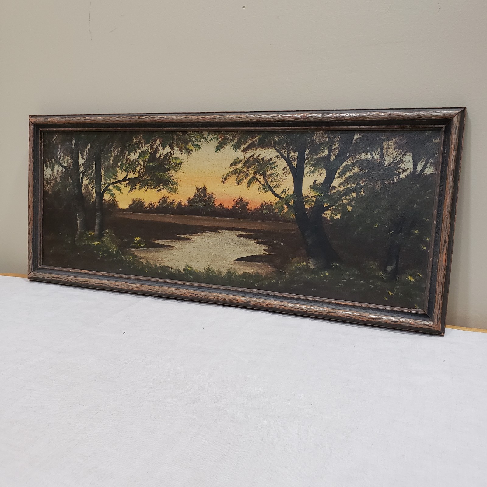 Vtg Landscape Oil Painting Print Framed Moody Sunset River Cabin Lake Wall Decor