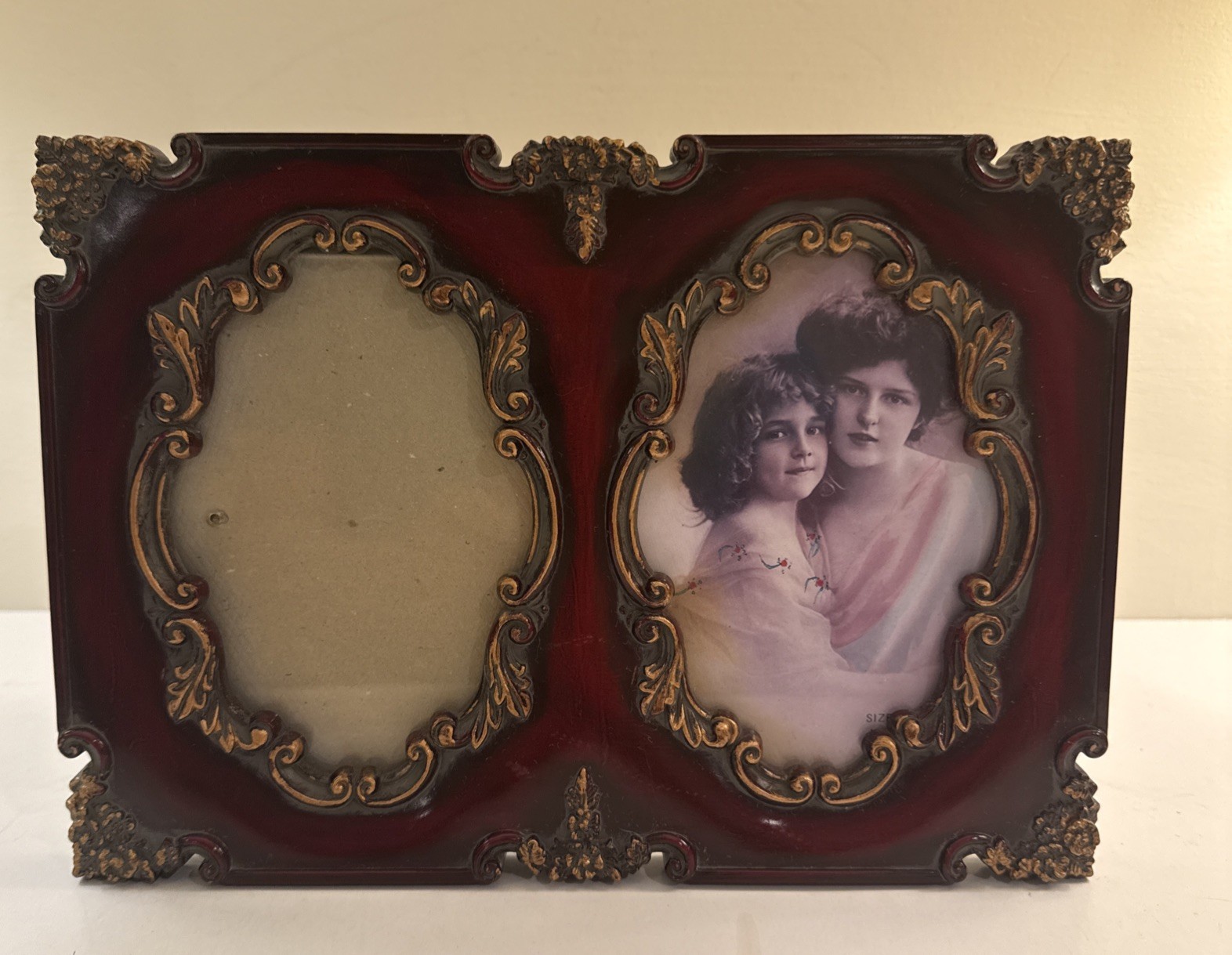 Vintage Ornate Double 4x6in Frame Burgundy Gold Baroque Style Taiwan