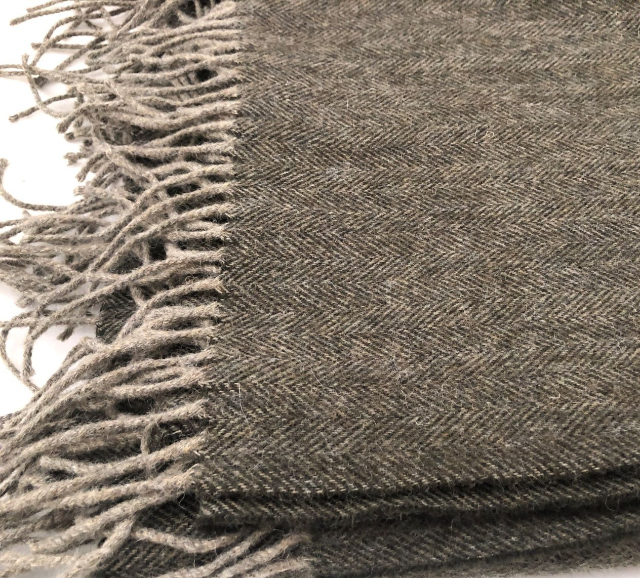 House Of Bruar Herringbone Lambswool Throw Blanket Dark Olive -Made in Scotland