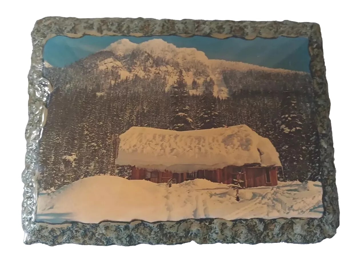 Vintage Log Cabin Wood Wall Plaque Picture Ski Cabin 15.75&Prime; X 11.5&Prime;