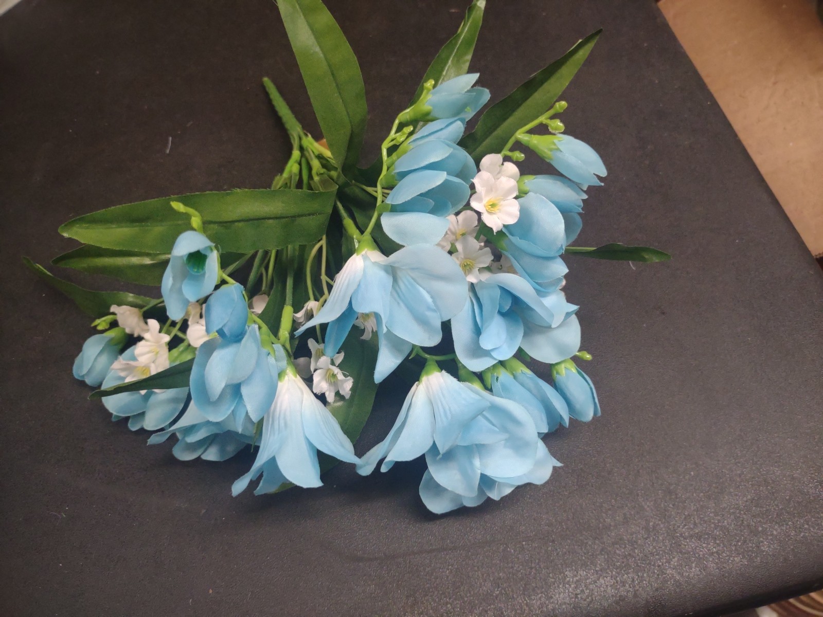 Vintage 10&Prime; Silk Freesia Flower Bush, Sky Blue, 5 Stems, Baby&rsquo;s Breath & Foliage