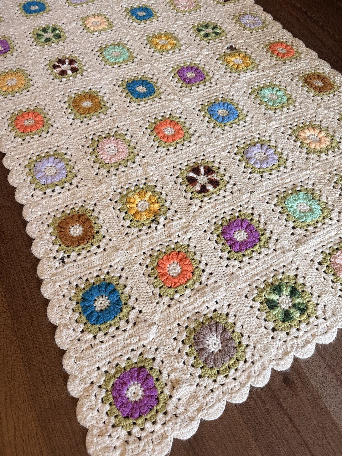 Vintage handmade crochet granny square multi-color flower afghan blanket 68×44