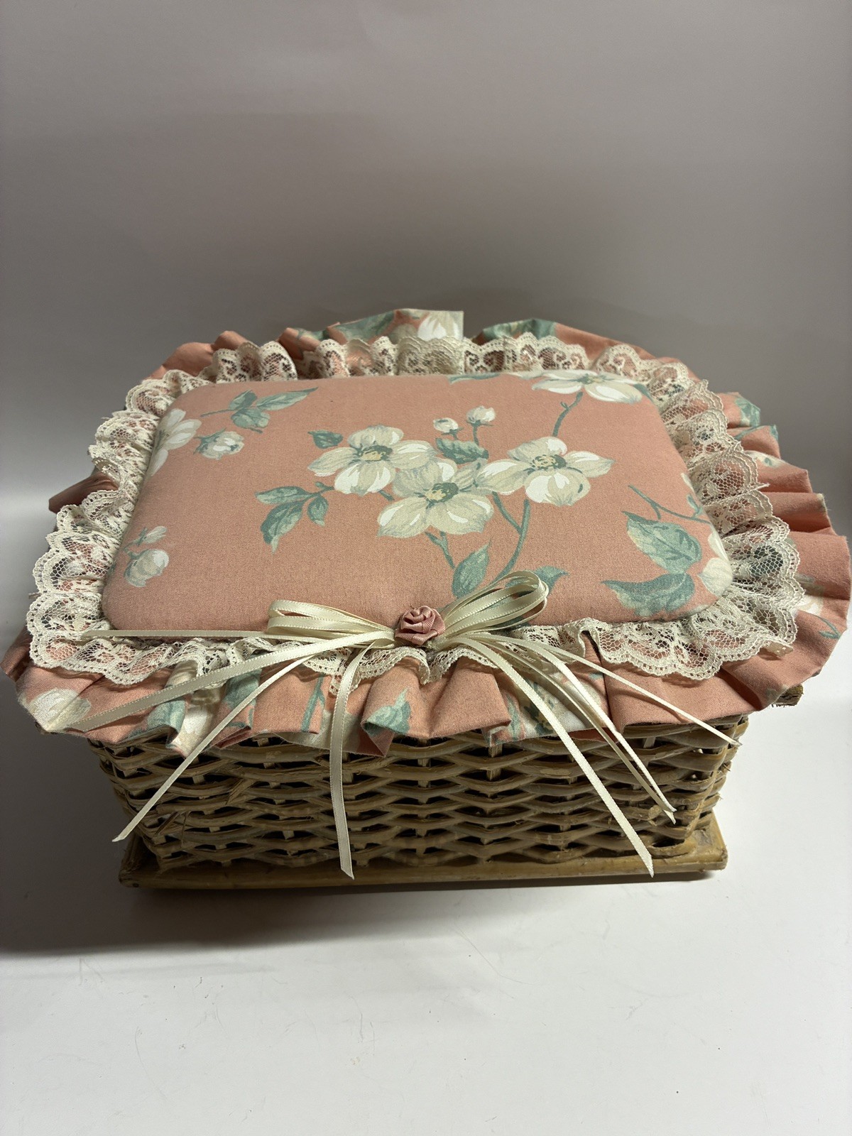 Wicker Basket/Floral Cotton & Lace sewing storage box Cottagecore grannycore