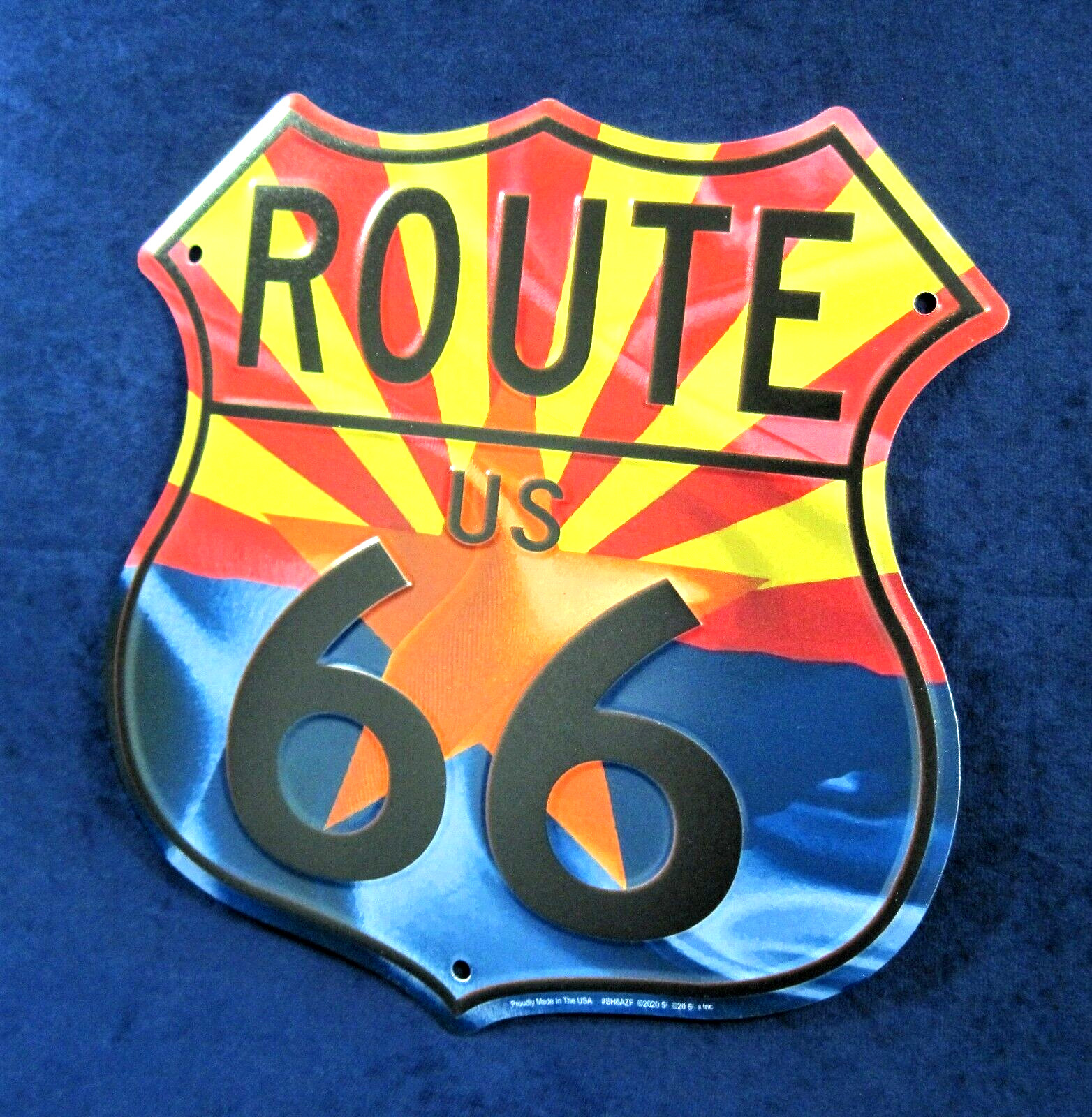 RT 66 ARIZONA FLAG Shield – *US MADE* Embossed Sign – Man Cave Garage Bar Decor