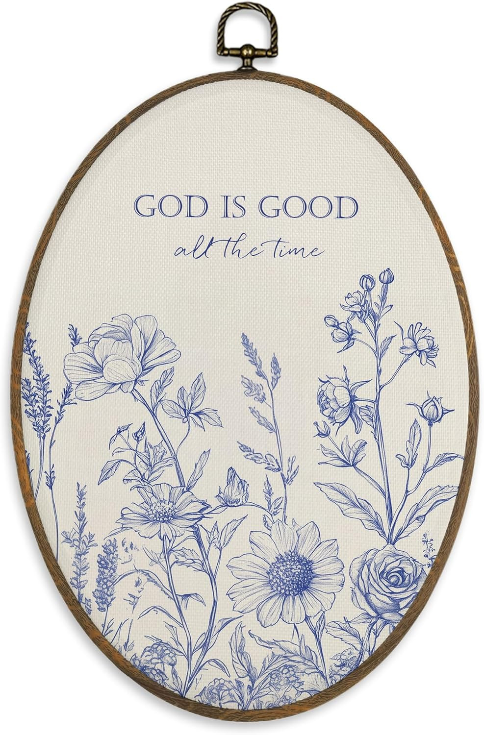 Blue Flowers Wall Art Decor, Boho Navy Blue Flower Christian Religious Oval Wall
