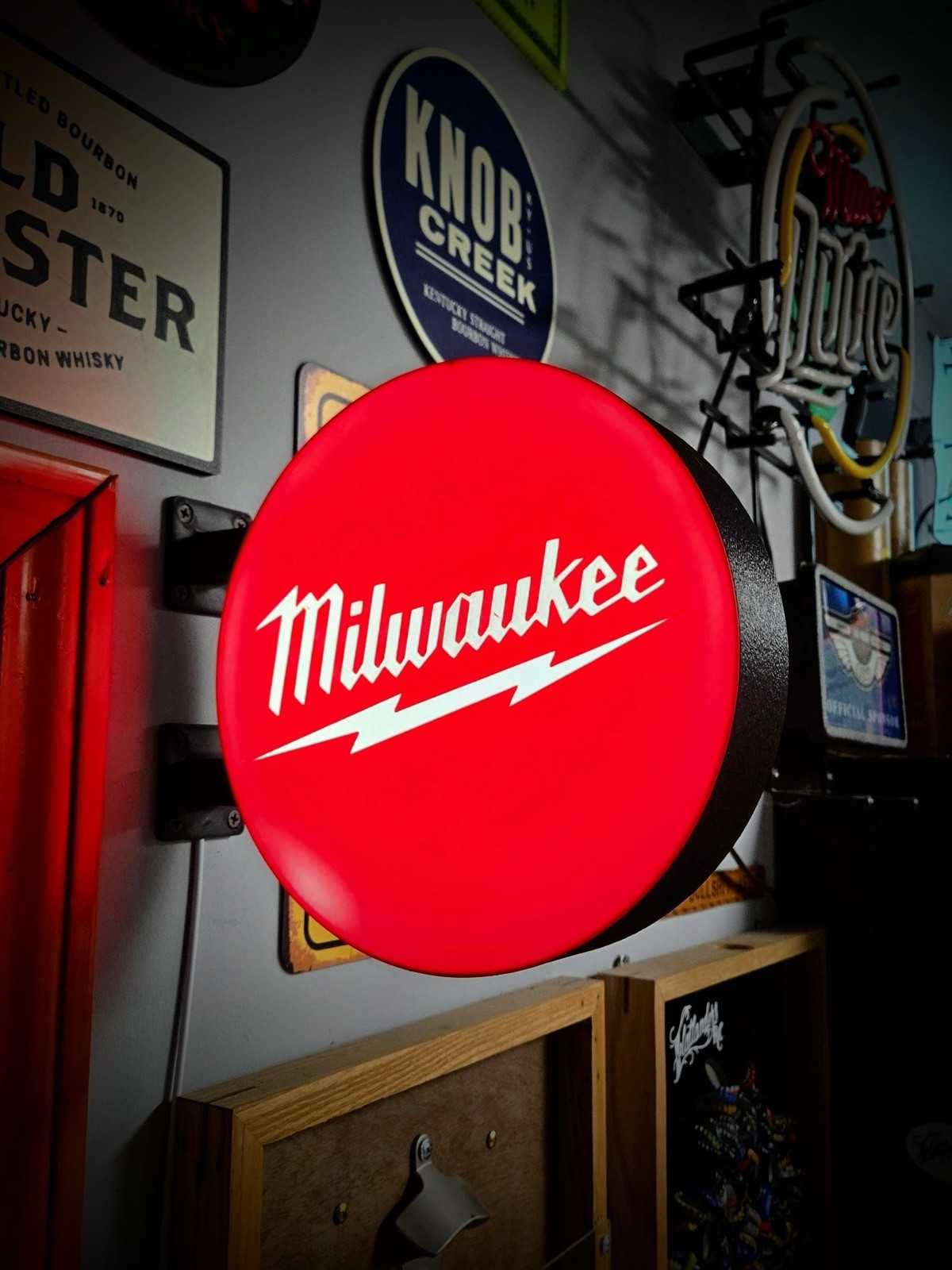 Milwaukee Inspired LED Sign 2 Sided 9” Round Garage Wall Light Decor