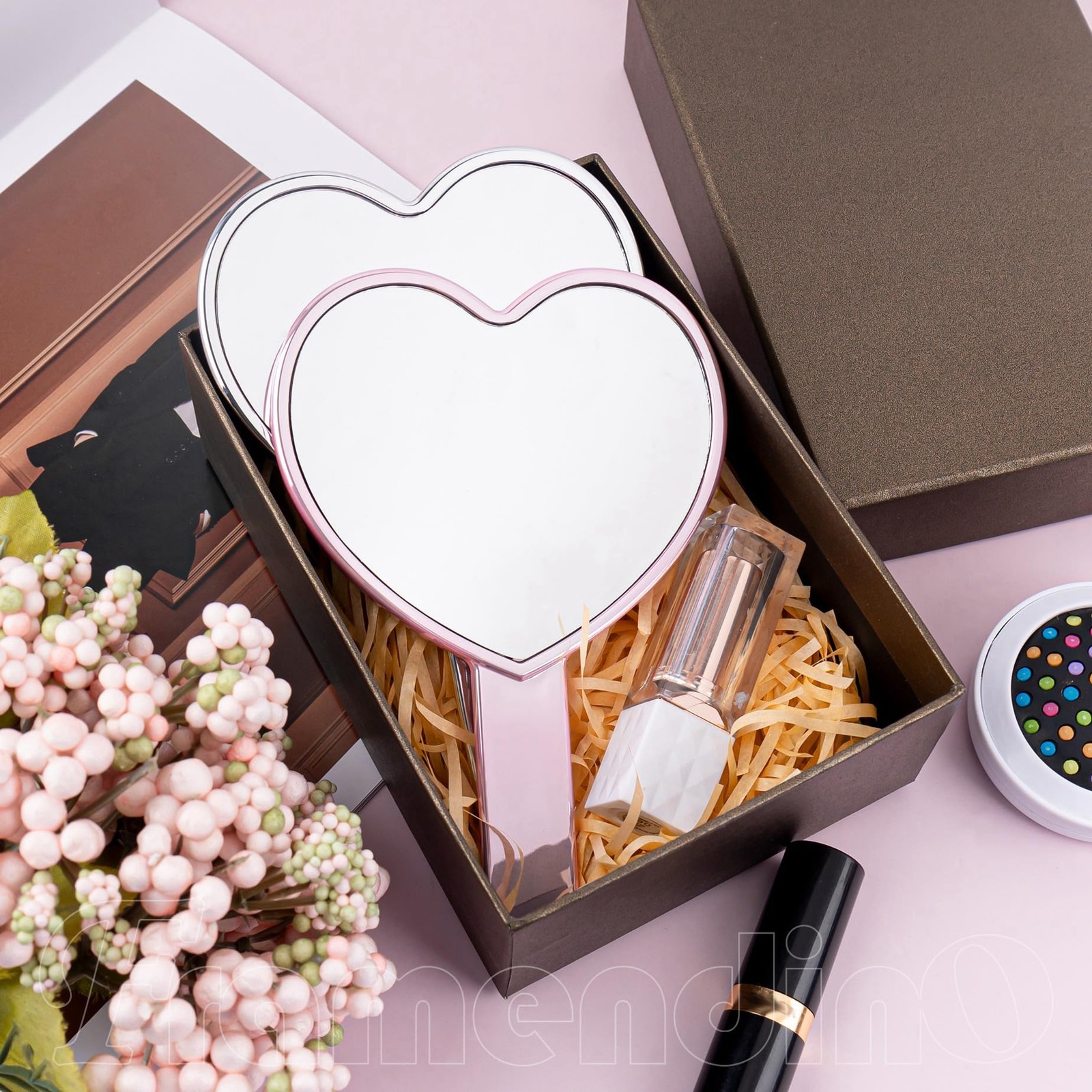 2 Pack Glitter Handheld Mirror Cute Heart Portable Makeup Compact Pink Silver