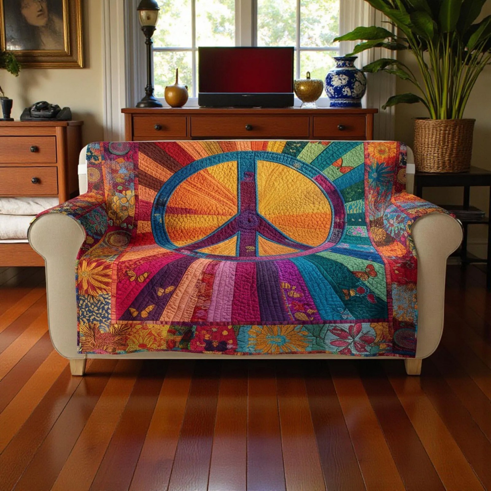 Peace Symbol Quilted Sofa Cover Boho Hippie Christmas Living Room Home Decor