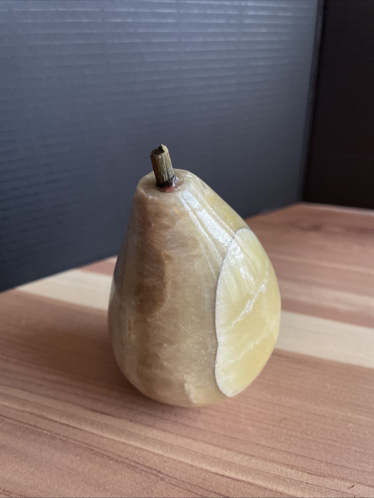 Italian Alabaster Marble Hand Colored 3” Stone Fruit Pear Wood Stem ~ Stunning!