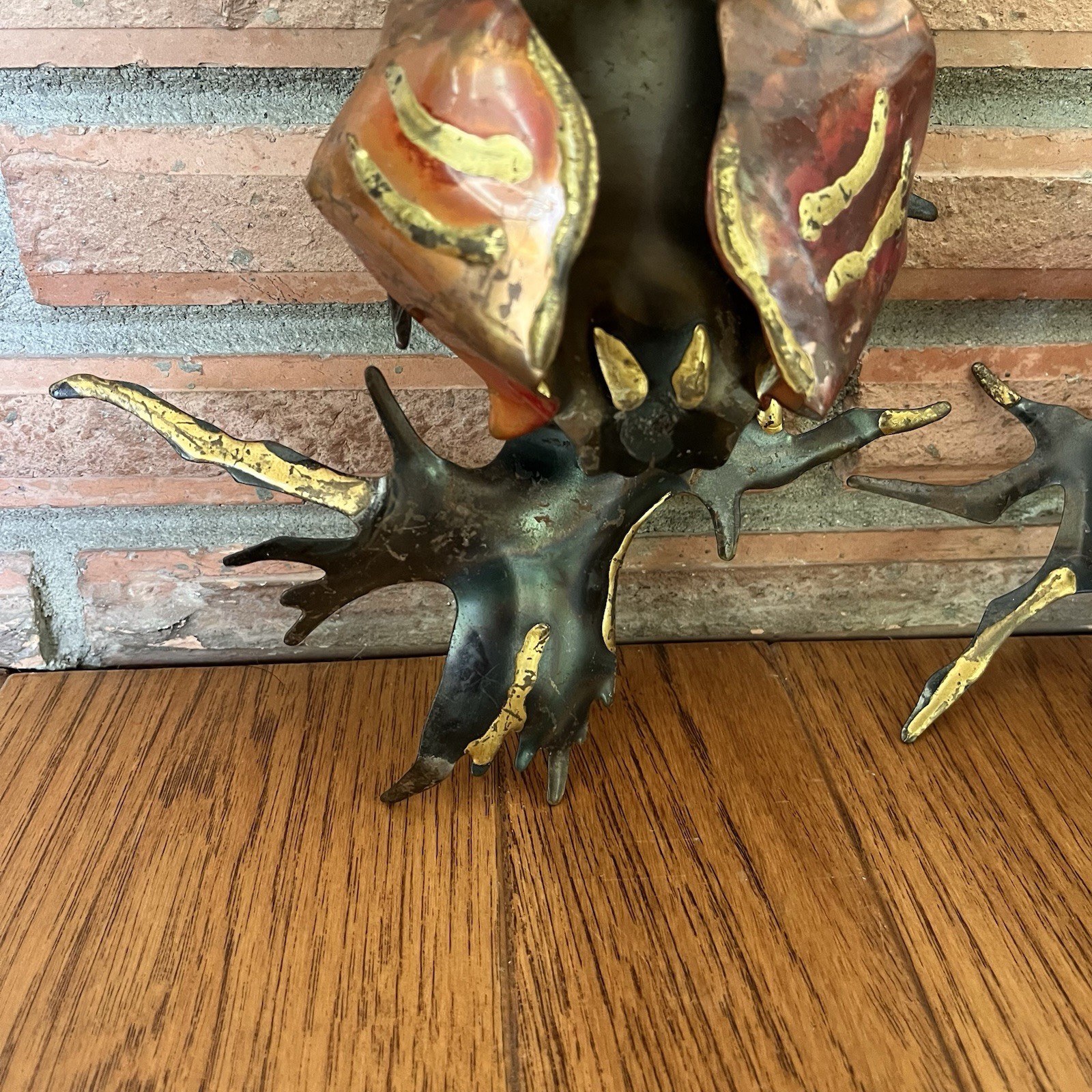 Vintage Pair MCM Brutalist Metal Owls Wall Art Hanging Sculpture Gold Copper