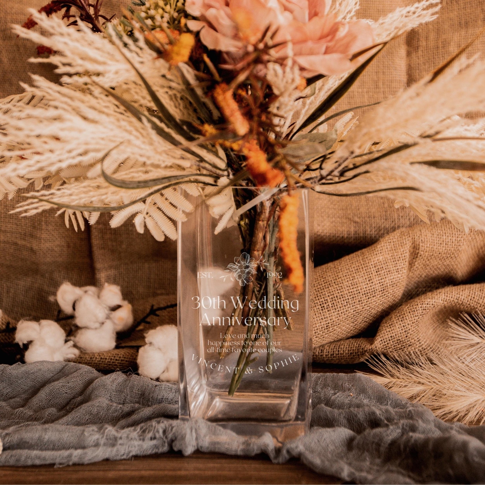 Engraved Medium Square Clear Glass Tank Vase – 10D x20cmH