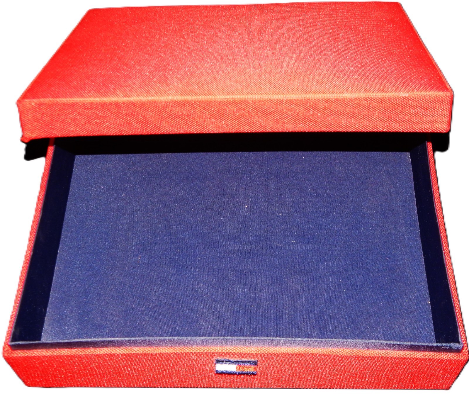 Designer Box,TOMMY HILFIGER Red Fabric Covered Storage Box W/ Blue Interior,Logo