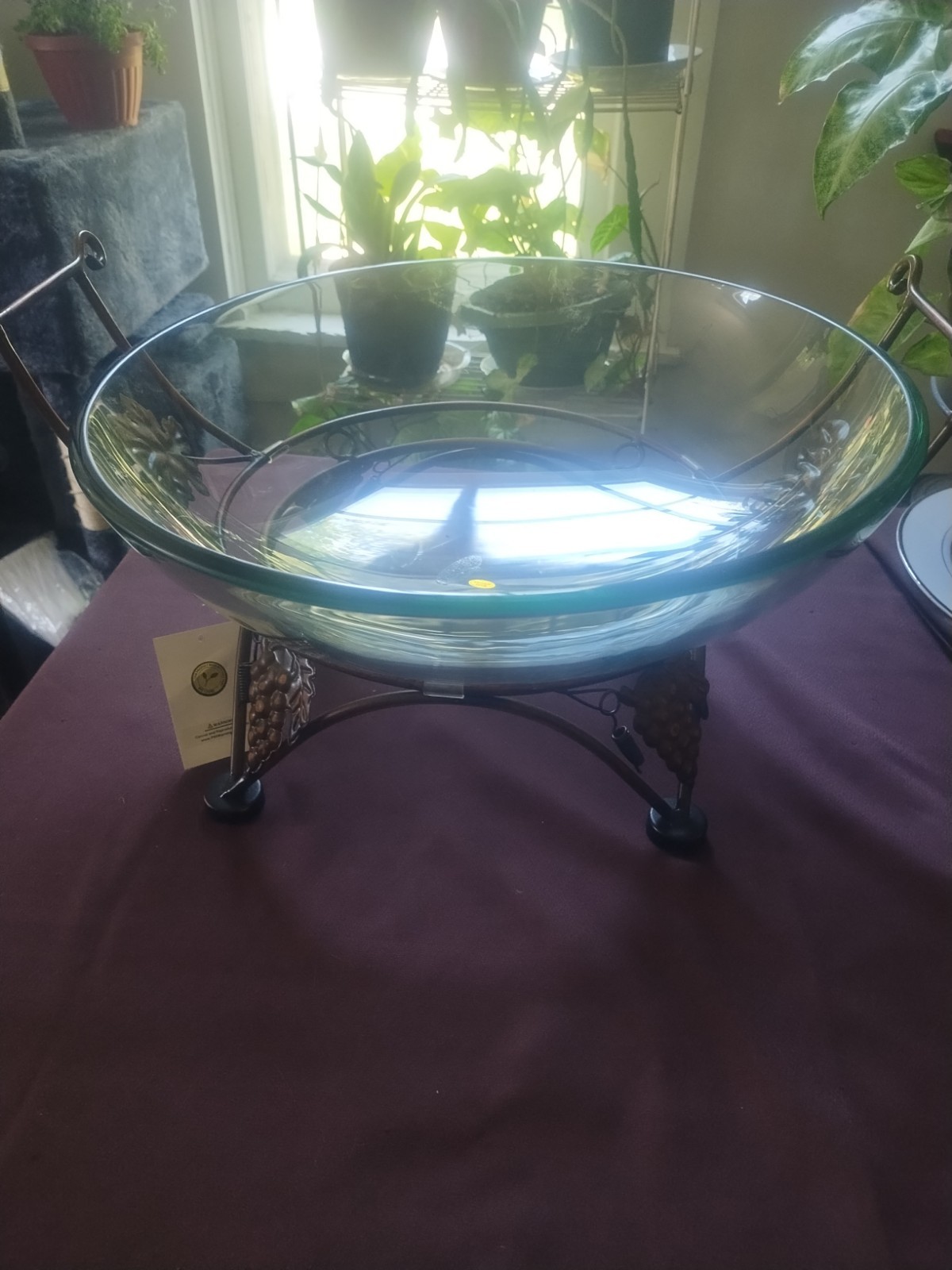 16 In Diameter Very Heavy Glass Bowl with Decorative Metal StandNew Never Used