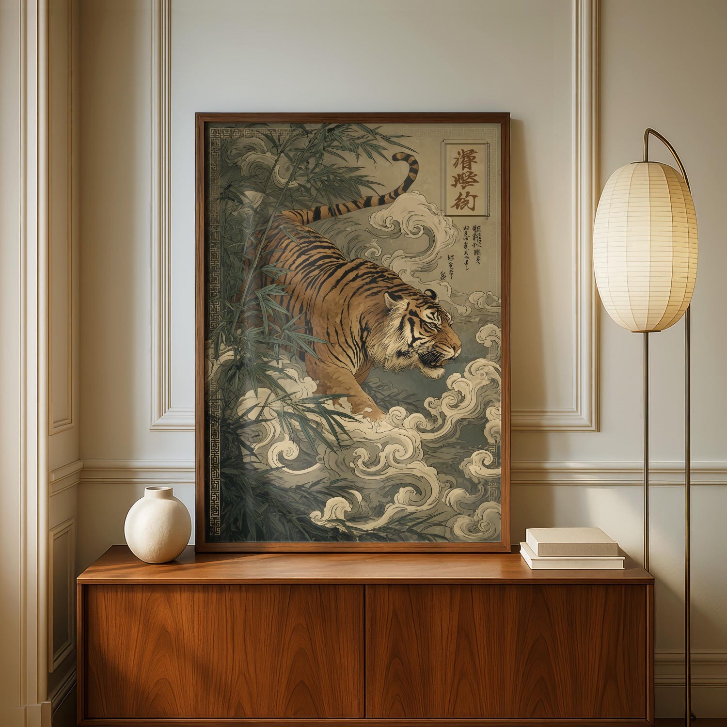 Ukiyo-e Tiger Poster, Japanese Cloud Landscape Pastel Wildlife Wall Art