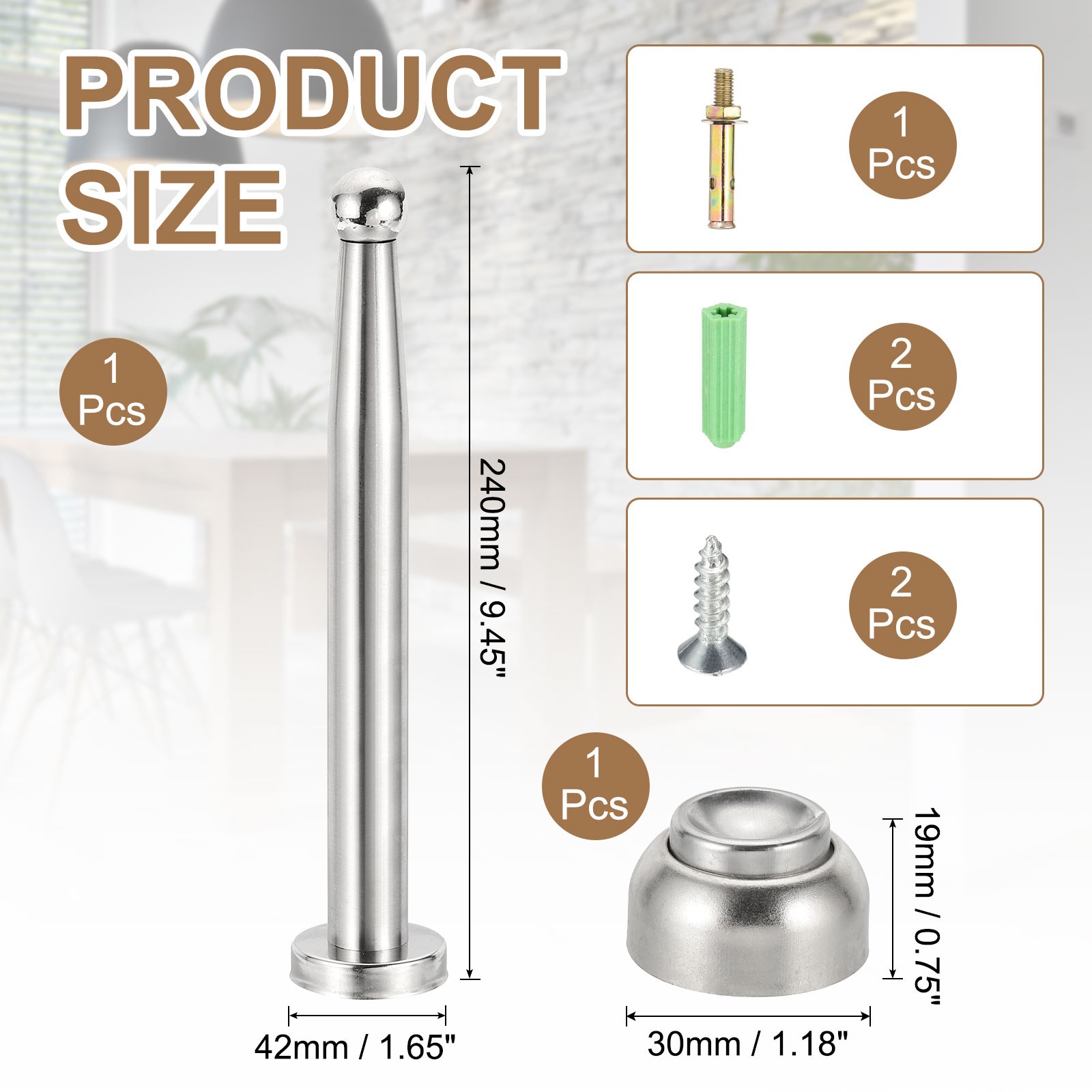 9.4&Prime; Magnetic Door Stoppers, Wall Floor Mounted Door Catch Holder, Silver